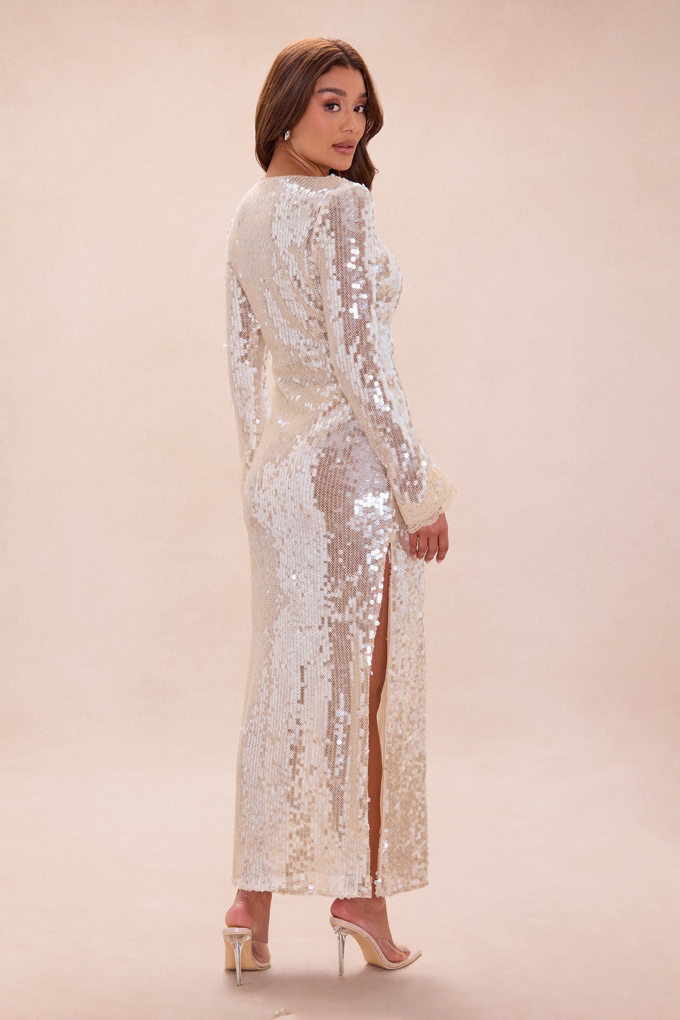 Ophelia Lace Trim Sequin Maxi Dress - Champagne