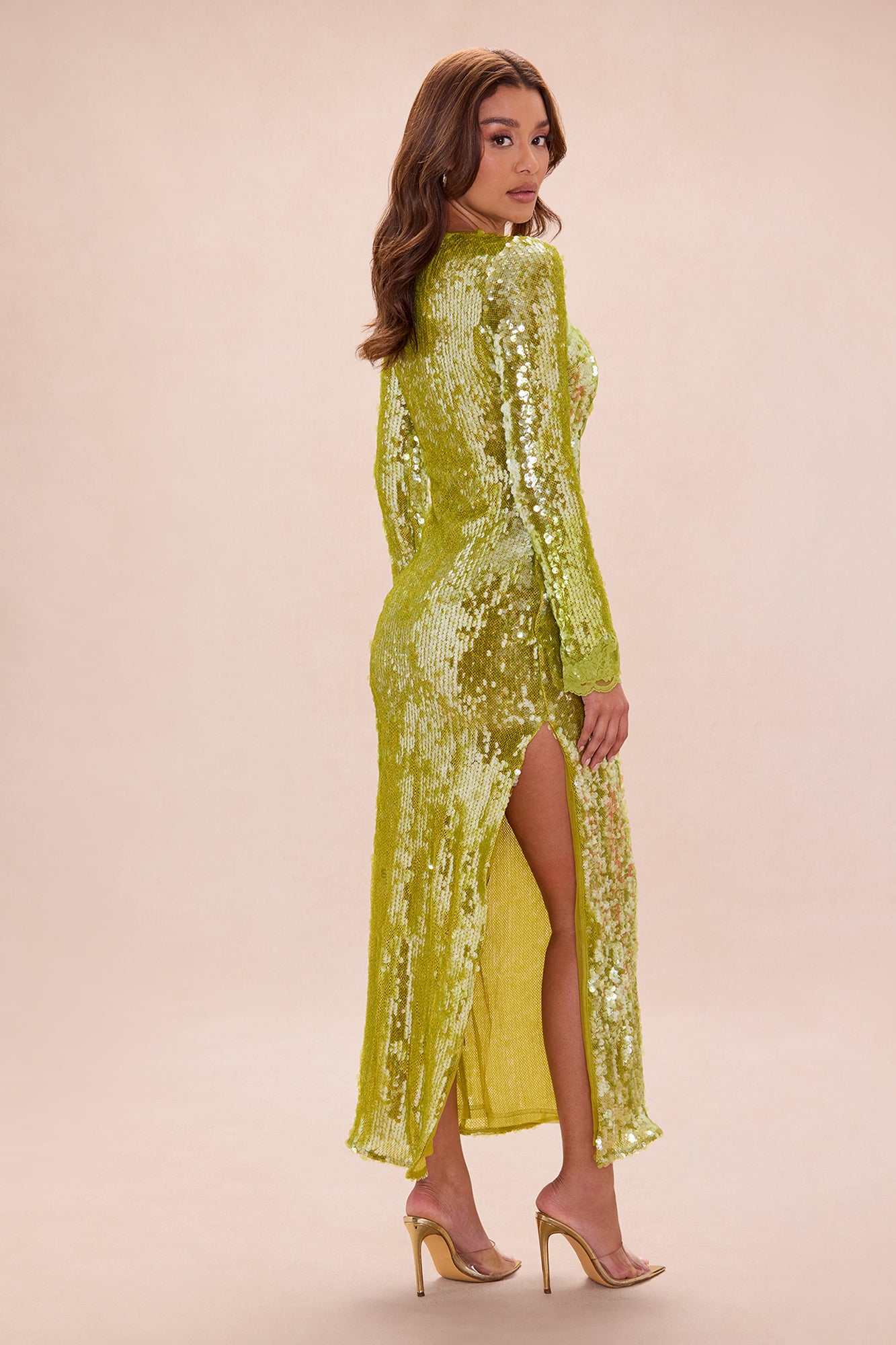 Ophelia Lace Trim Sequin Maxi Dress - Chartreuse
