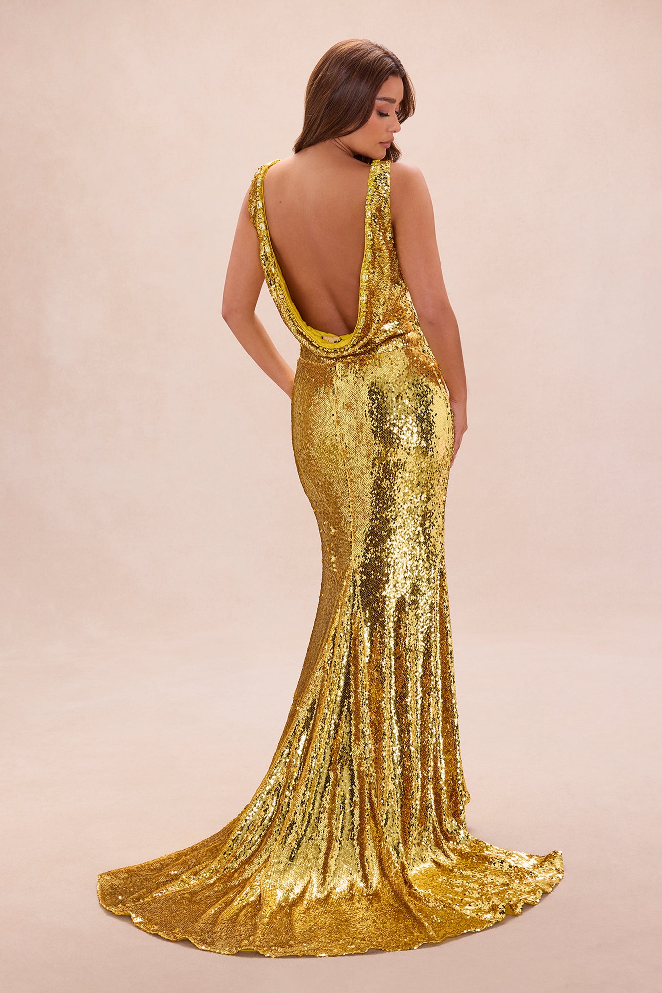 Amara Deep V Neck Sequin Gown - Gold