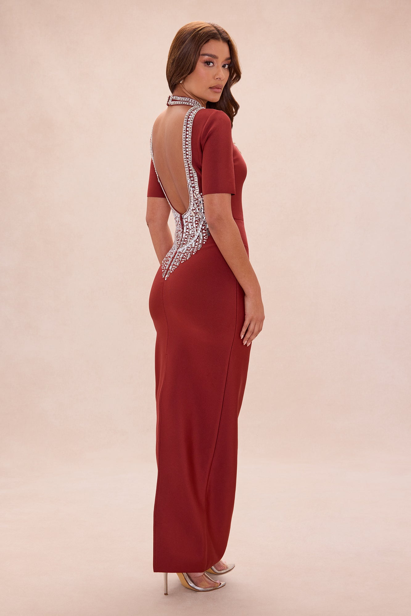 Tatum Backless Rhinestone Bandage Maxi Dress - Copper