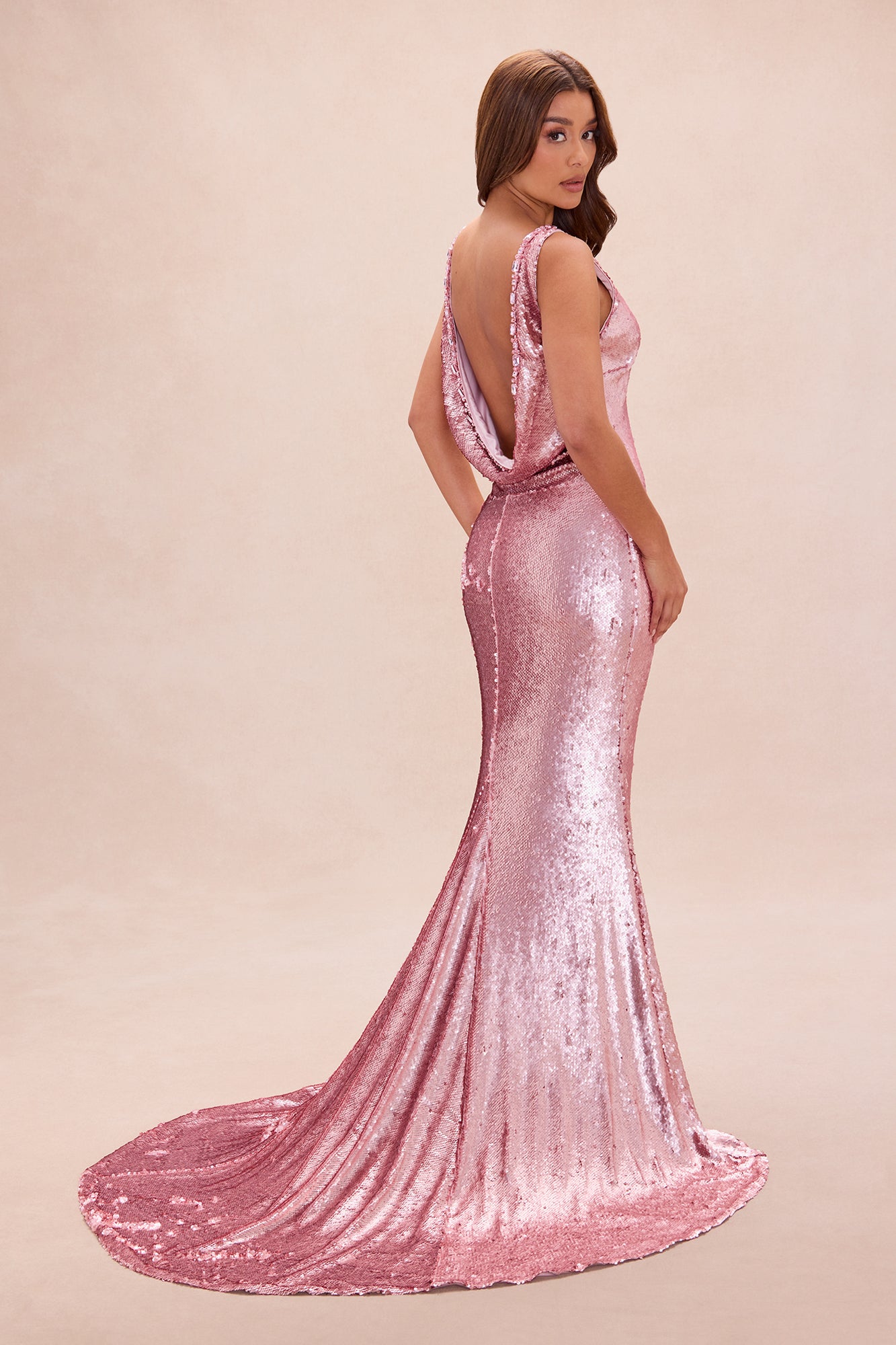 Amara Deep V Neck Sequin Gown - Pink