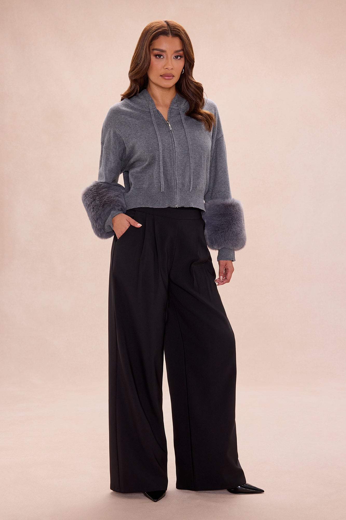 Keep Warm Fur Cuff Hoodie - Grey