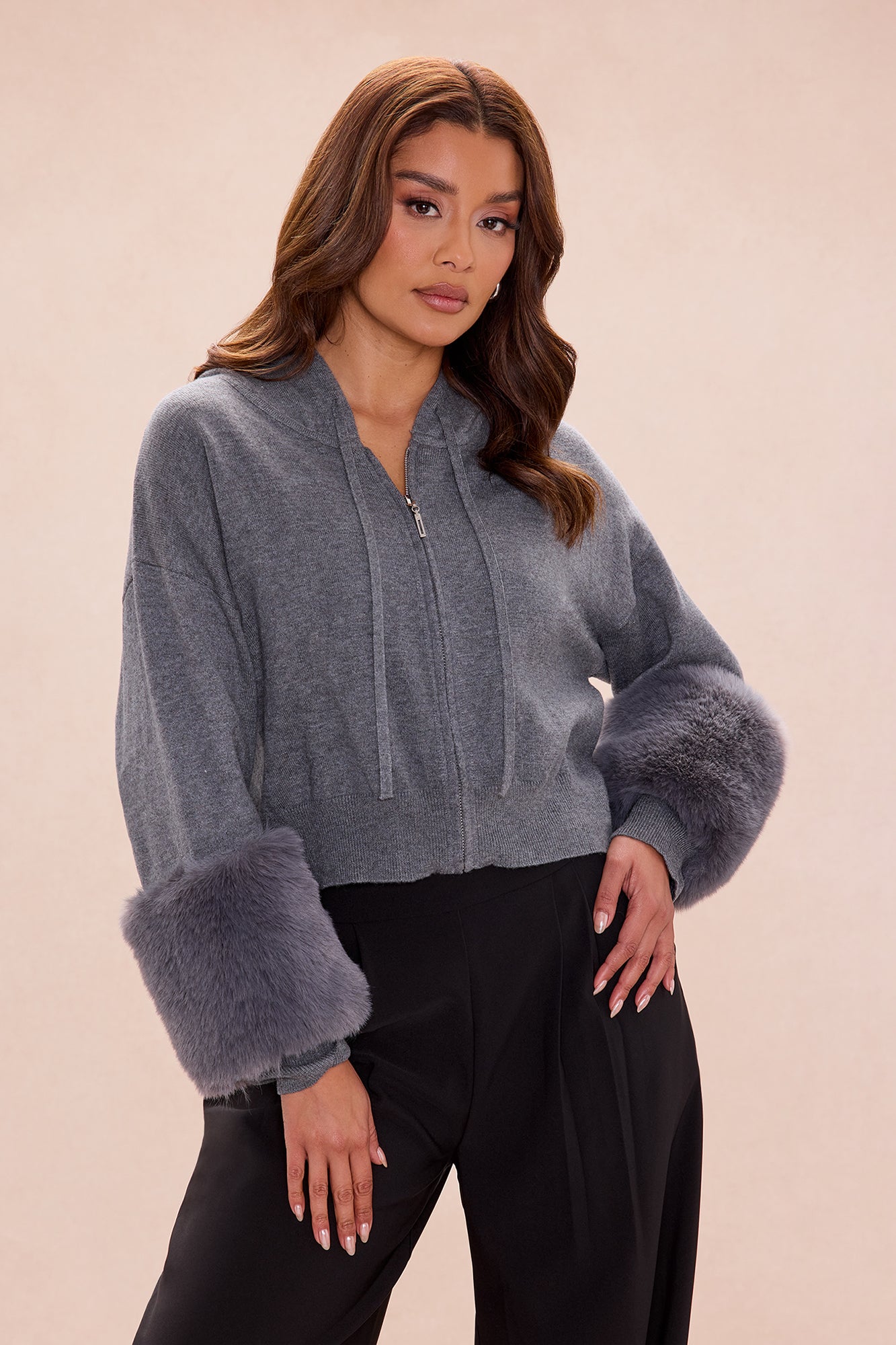 Keep Warm Fur Cuff Hoodie - Grey