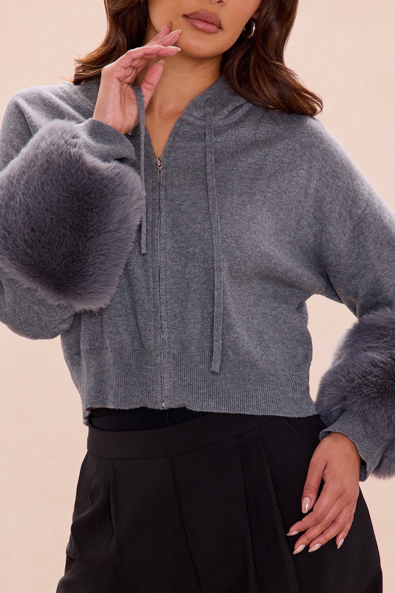 Keep Warm Fur Cuff Hoodie - Grey