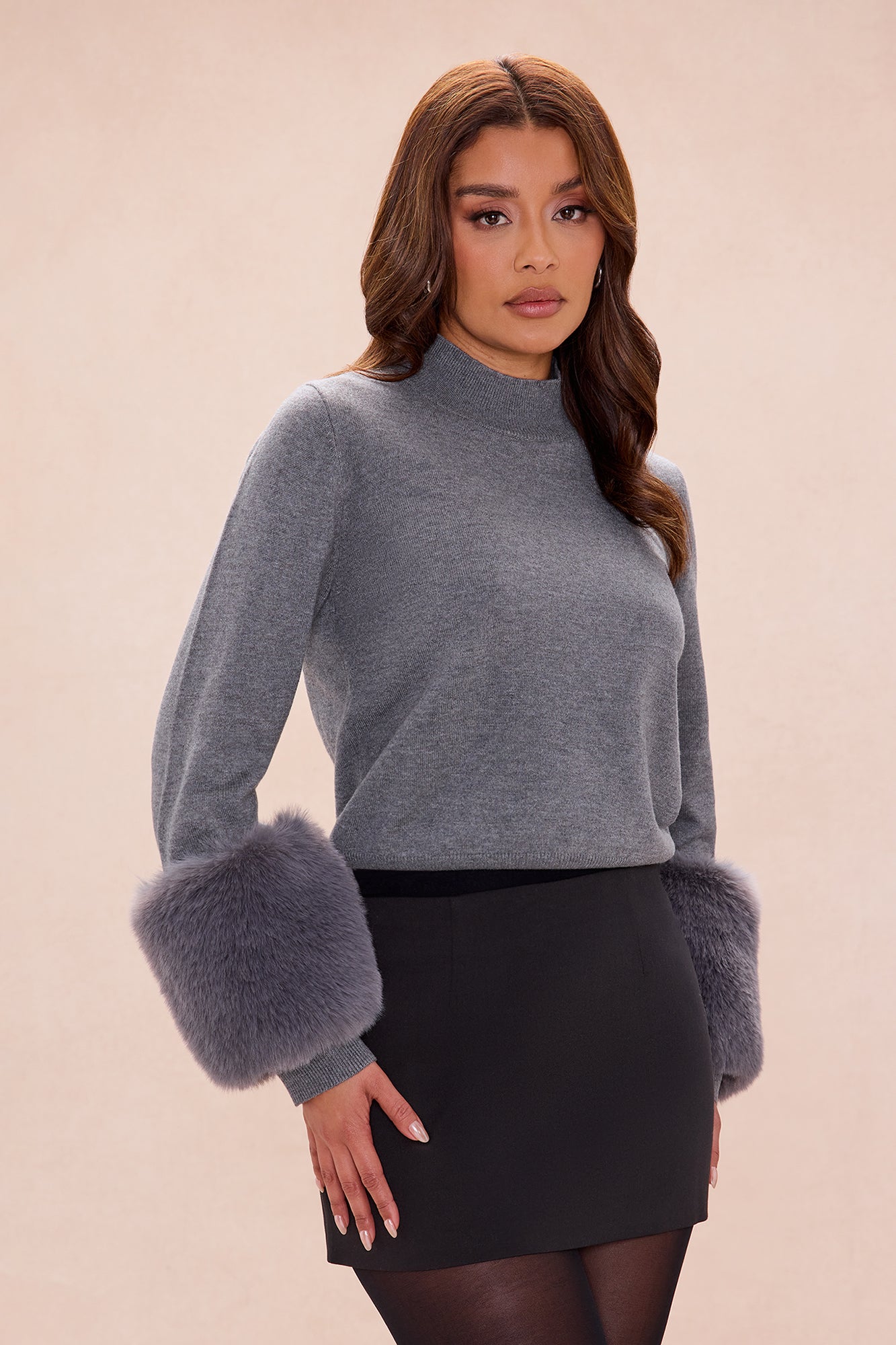 Keep Warm Fur Cuff Sweater - Grey