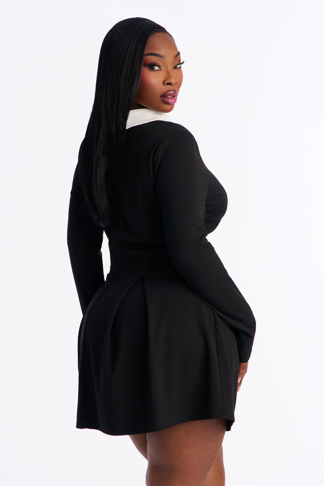 Giavanna Long Sleeve Pleated Mini Dress - Black/White