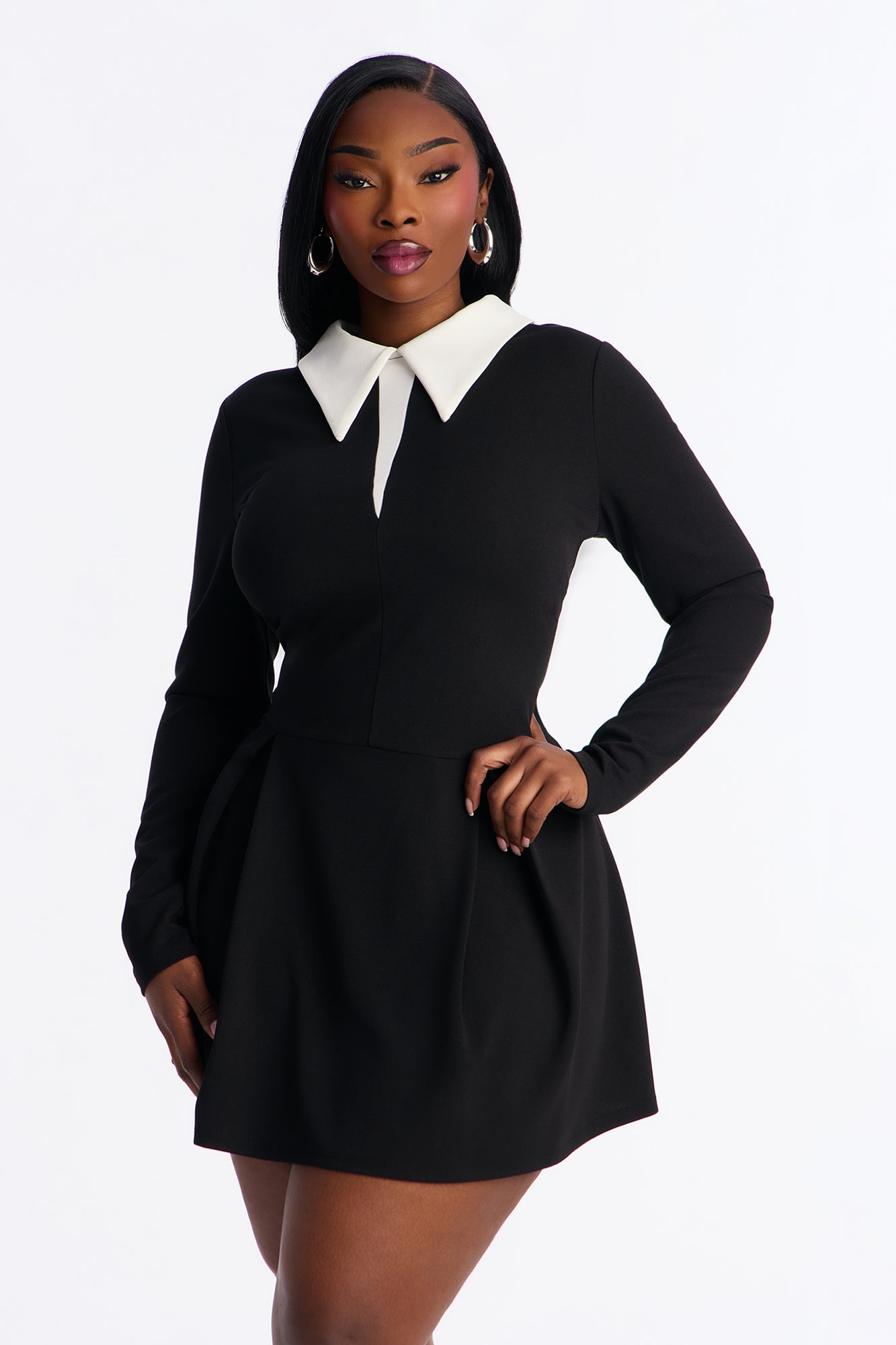 Giavanna Long Sleeve Pleated Mini Dress - Black/White