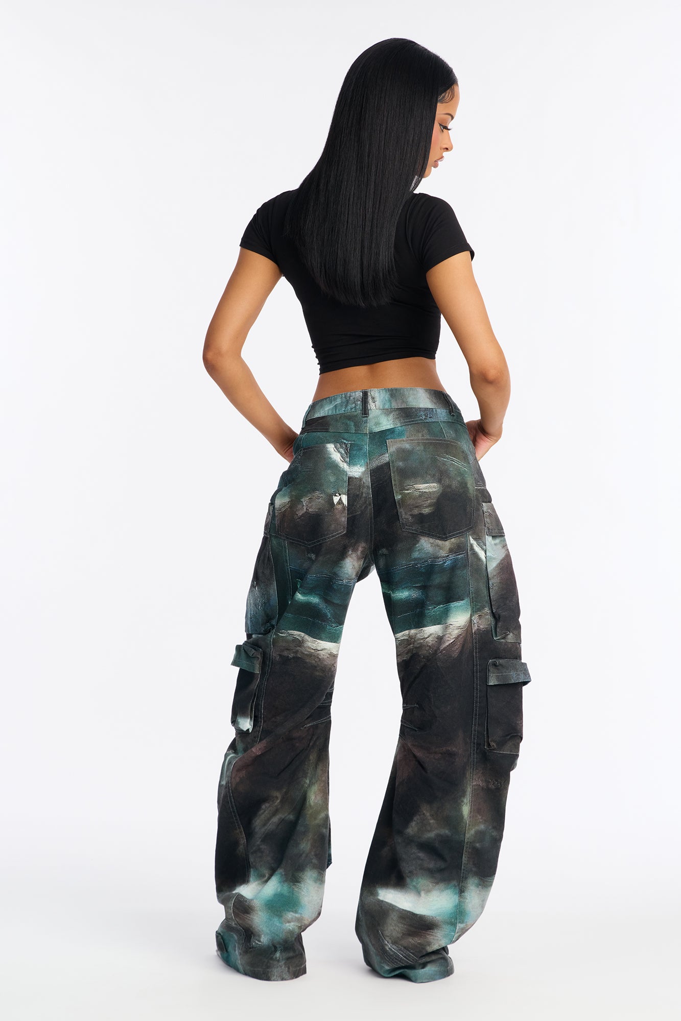 Alba Cargo Wide Leg Low Rise Pant 32″ - Green/combo