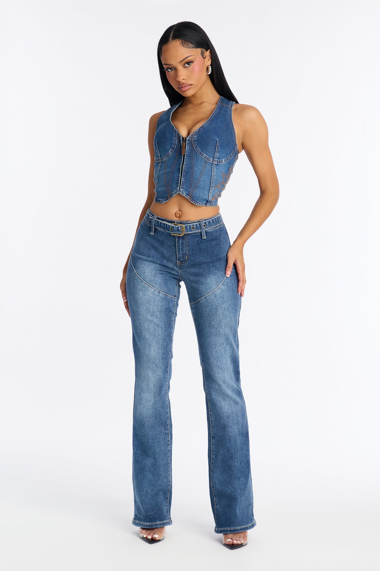 Smooth Talk Belted Bootcut Jeans - Dark Wash