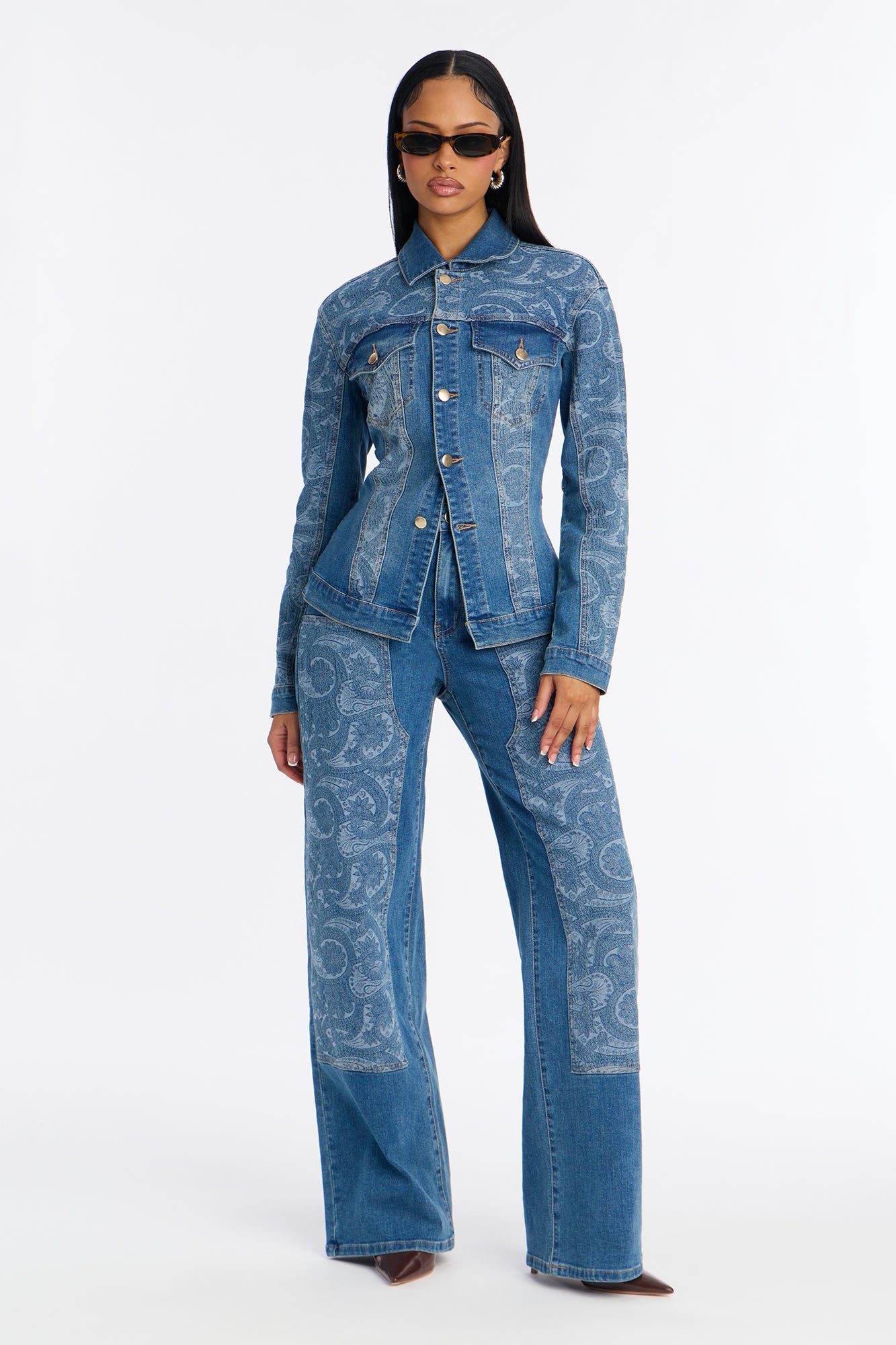 Presley Fitted Denim Pant Set - Medium Wash