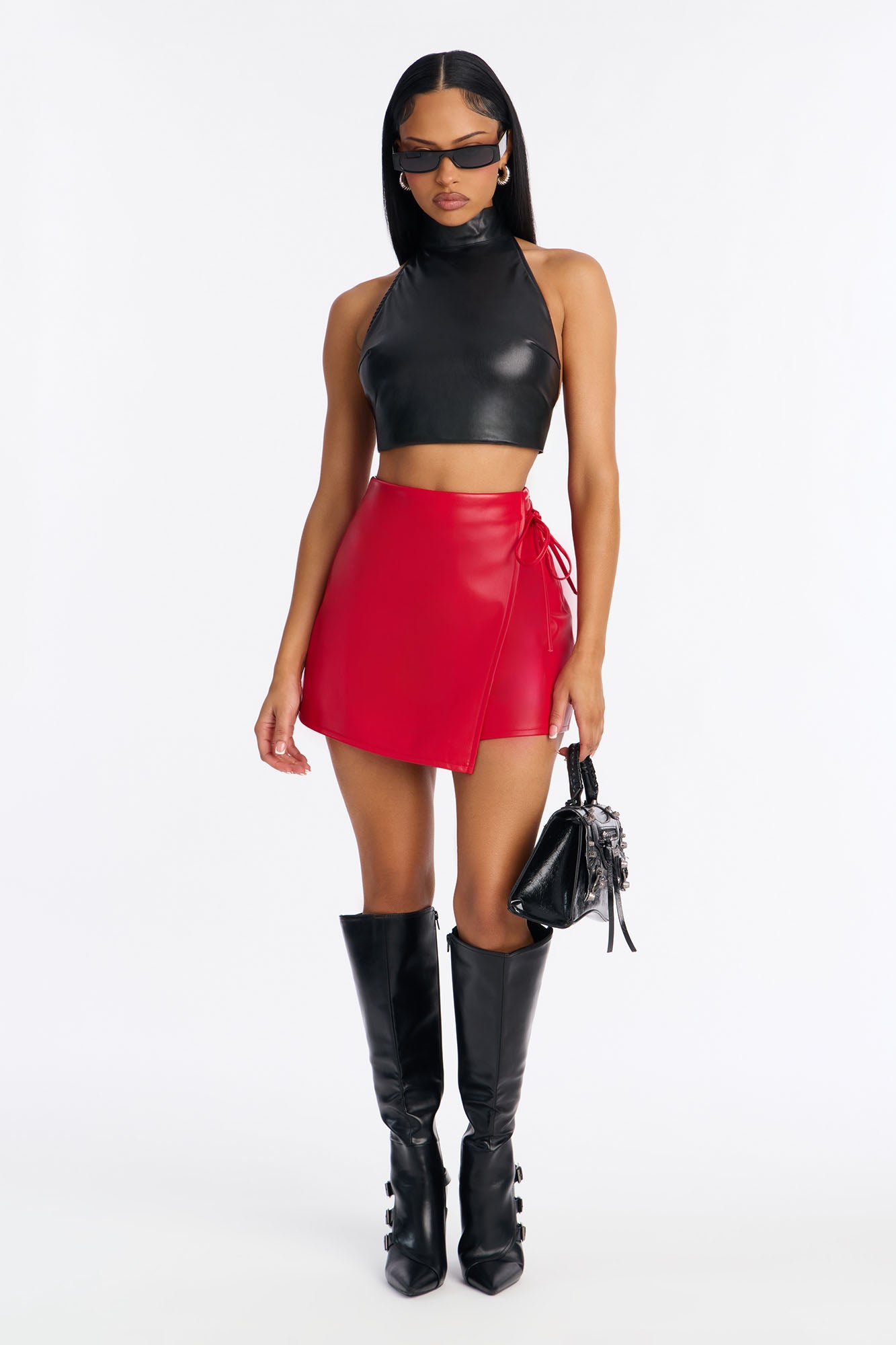 Autumn Vibes Faux Leather Wrap Skort - Red