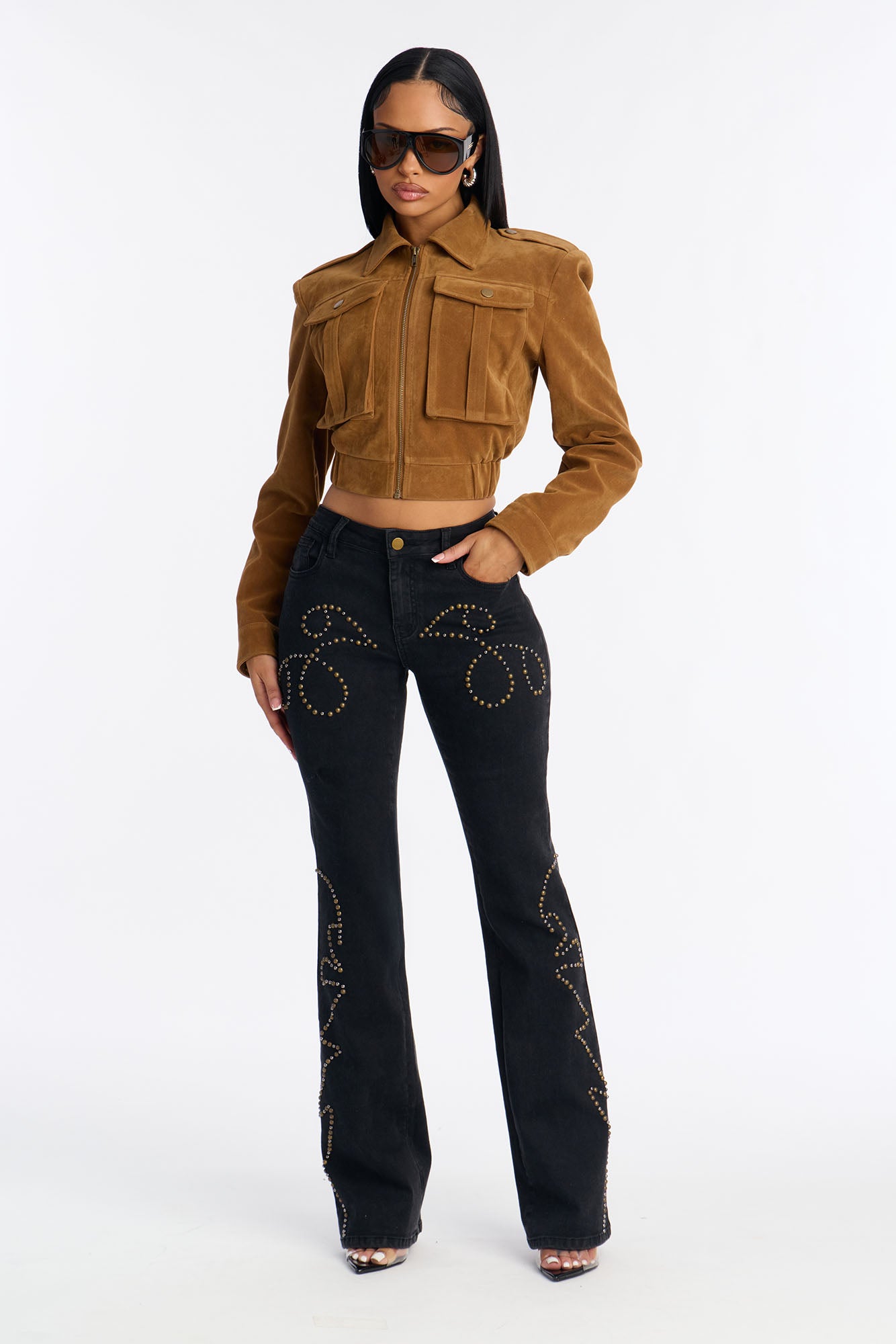 Fire Me Up Studded Low Rise Flare Jeans - Black Wash