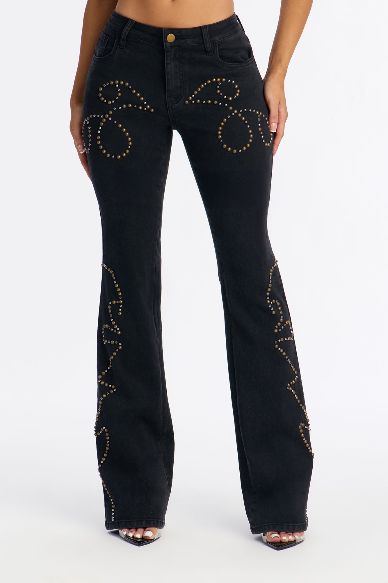 Fire Me Up Studded Low Rise Flare Jeans - Black Wash