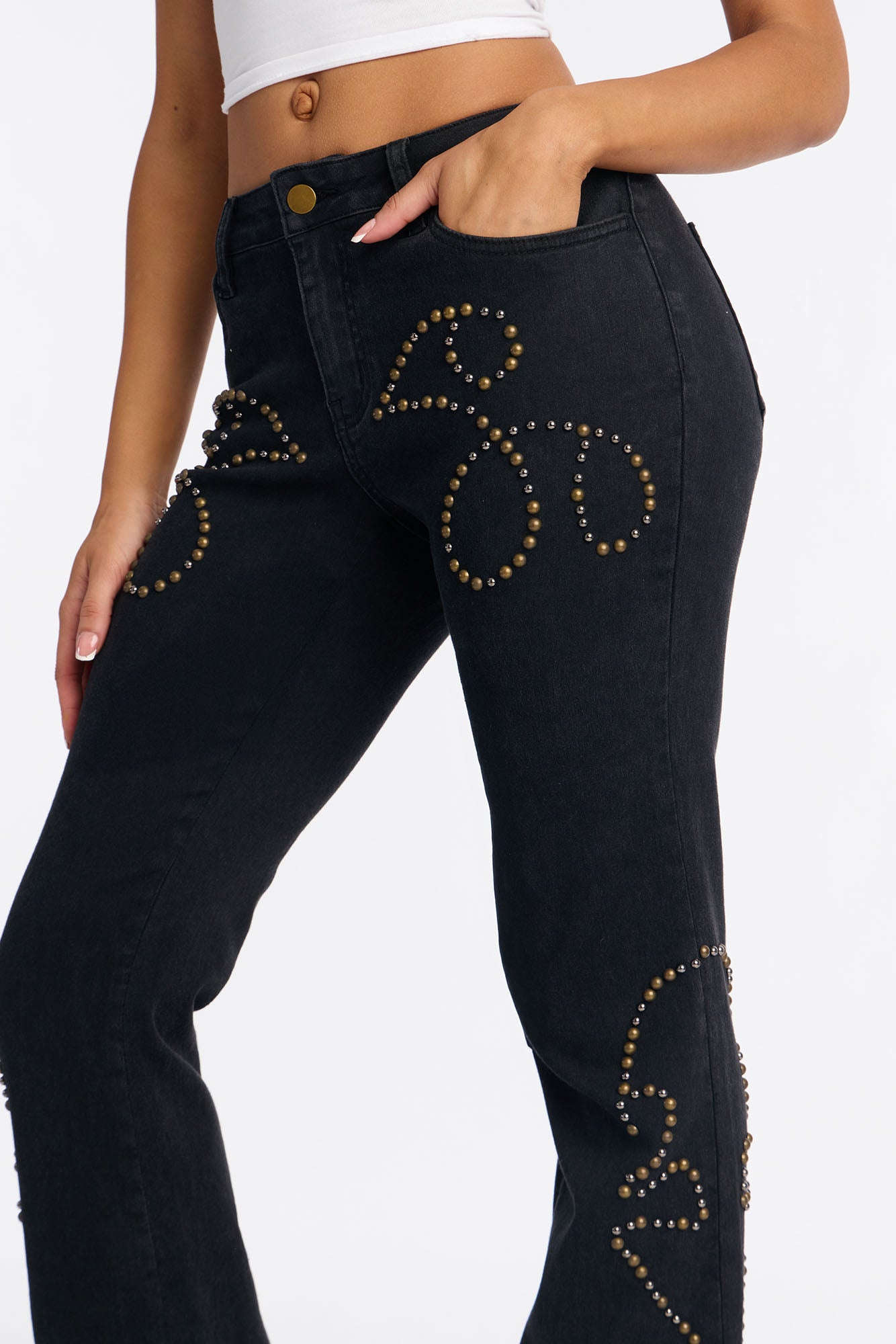 Fire Me Up Studded Low Rise Flare Jeans - Black Wash