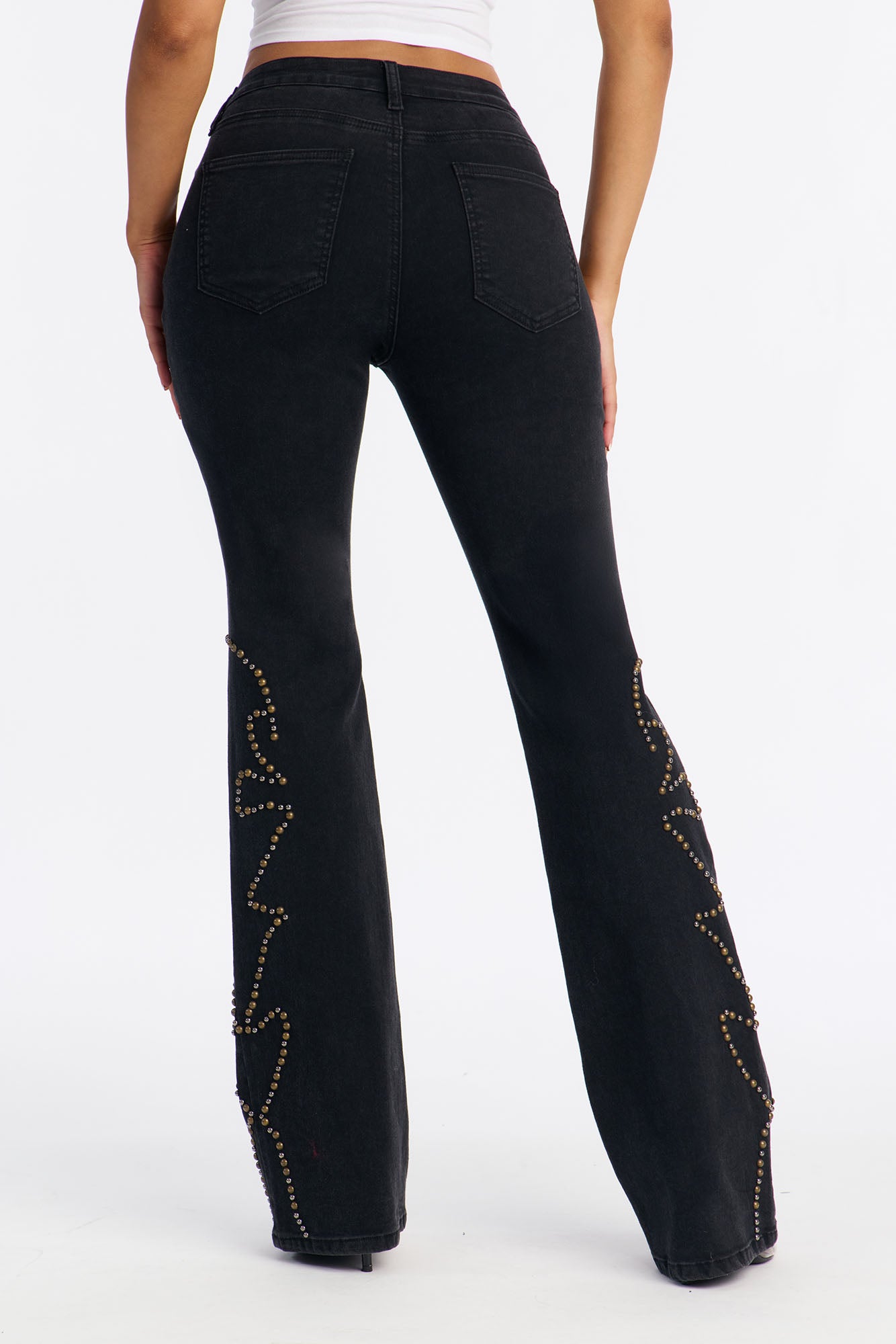 Fire Me Up Studded Low Rise Flare Jeans - Black Wash
