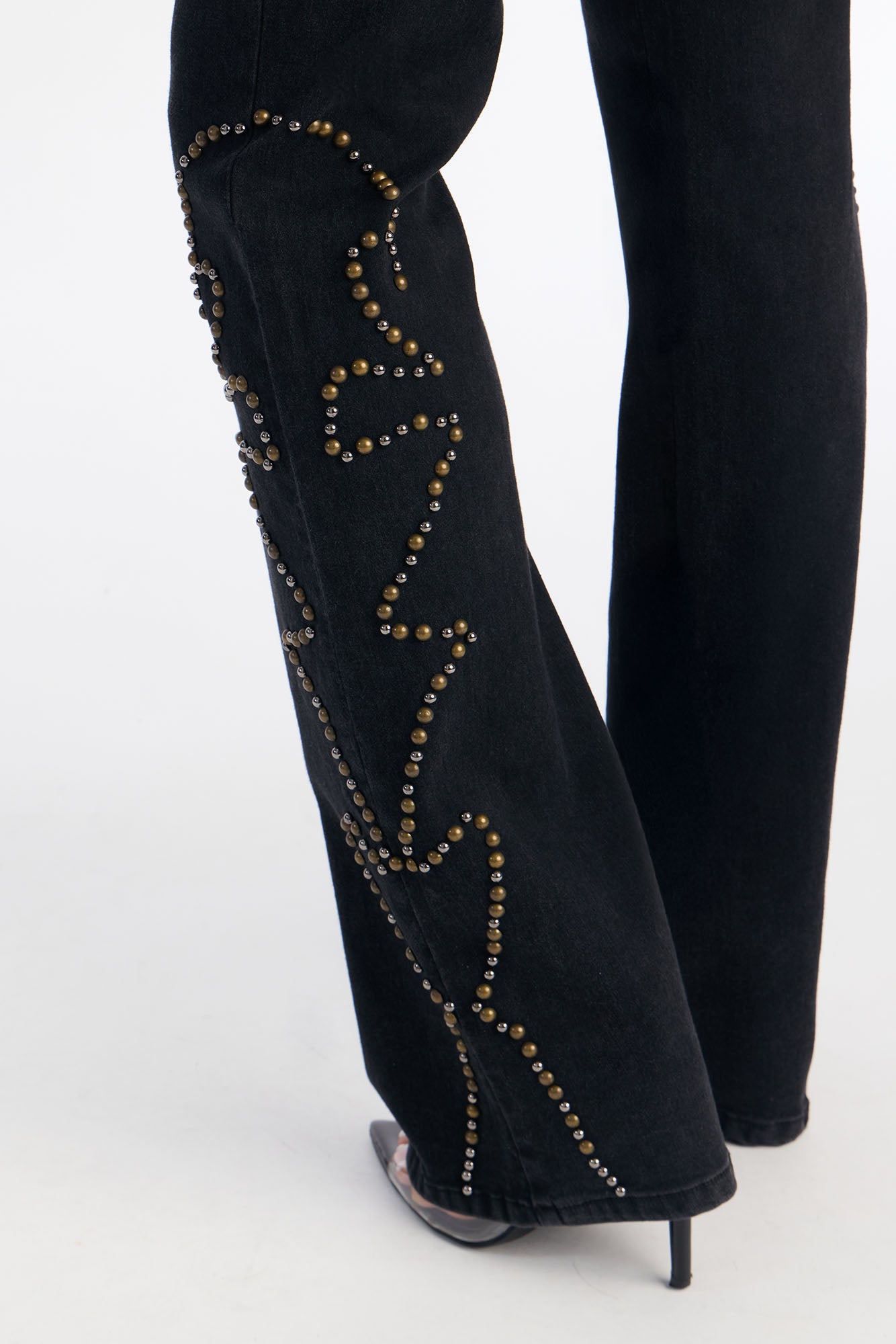 Fire Me Up Studded Low Rise Flare Jeans - Black Wash
