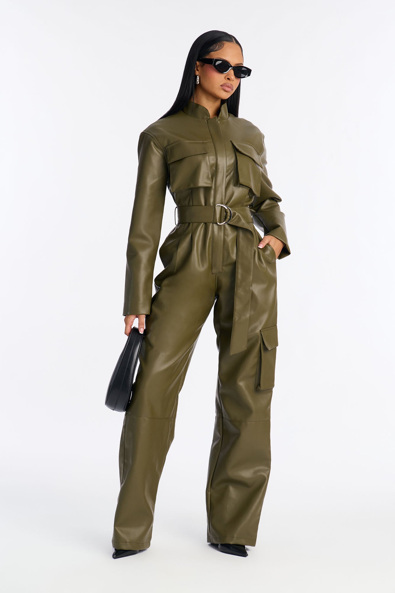 Downtown Faux Leather Cargo Straight Leg Jumpsuit - Olive