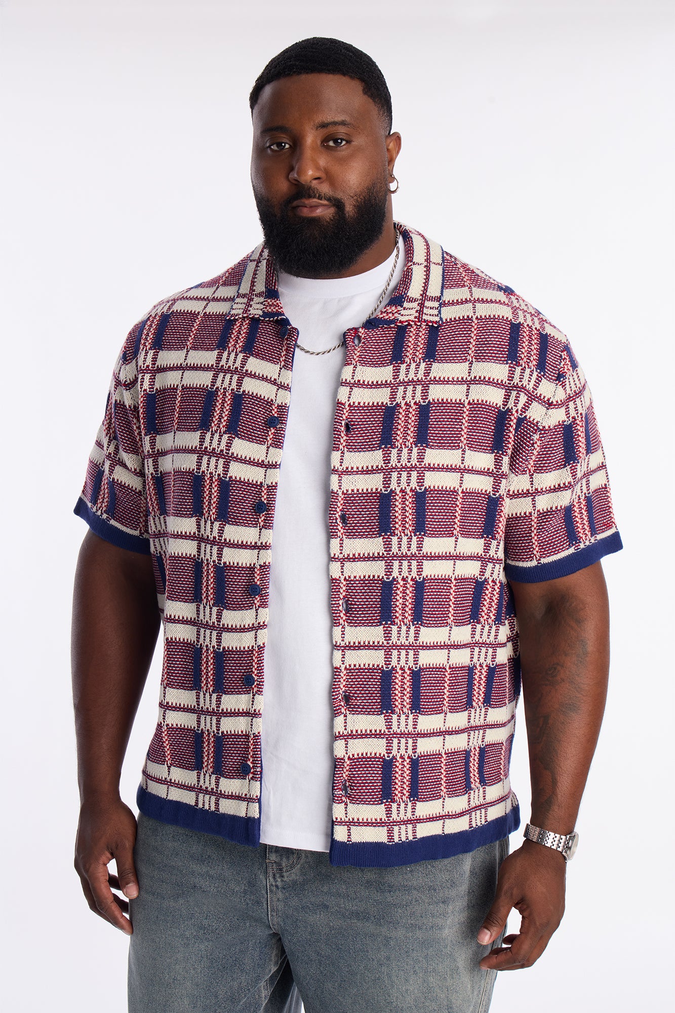 Crosshatch Closed Collar Button Up Shirt - Red