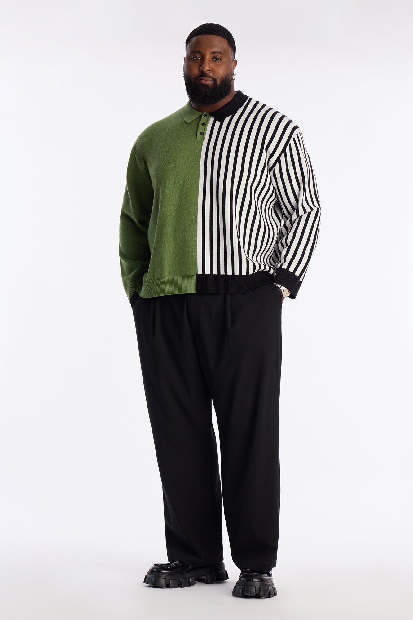 Half Striped Sweater Polo - Green