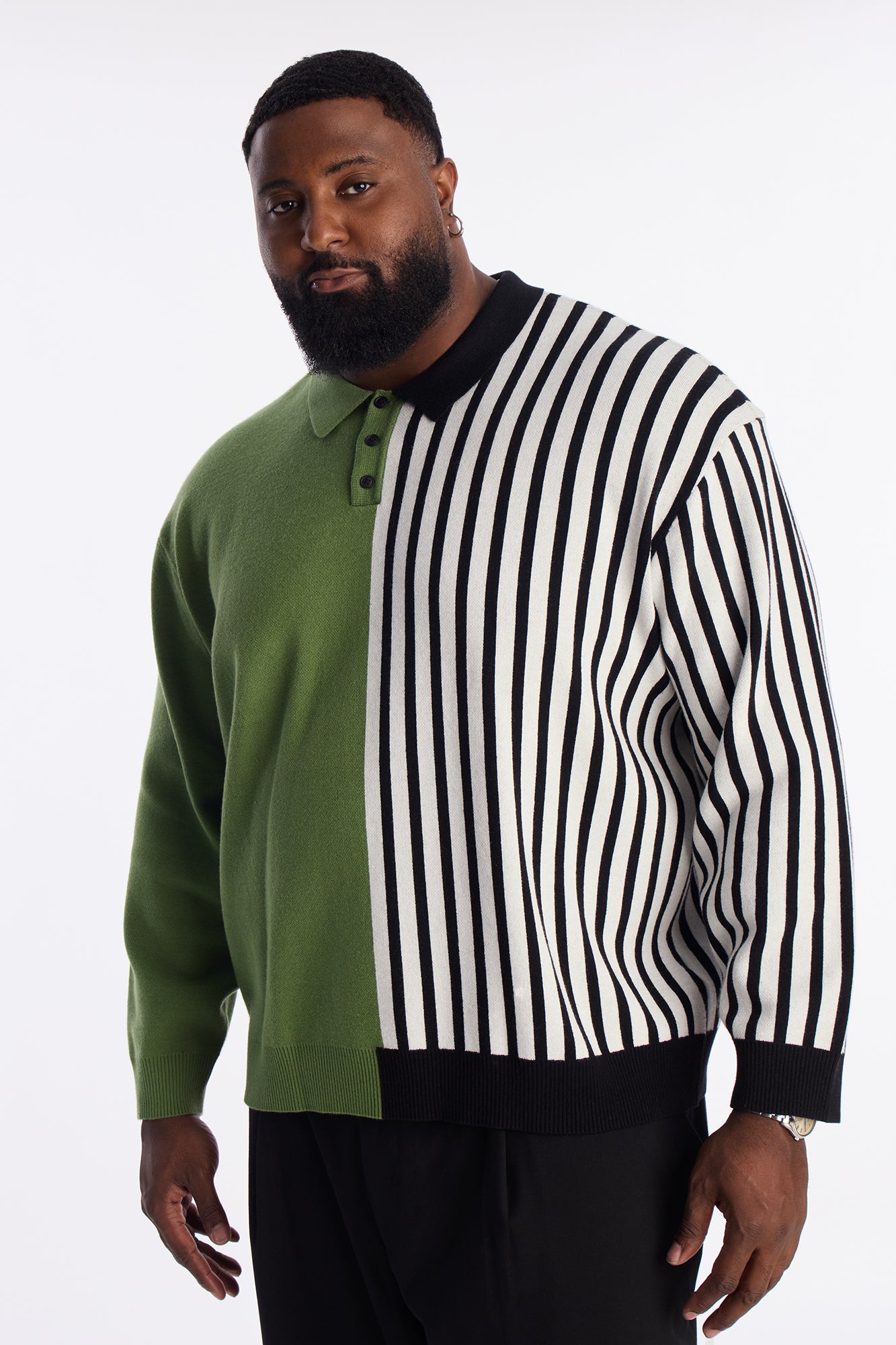 Half Striped Sweater Polo - Green
