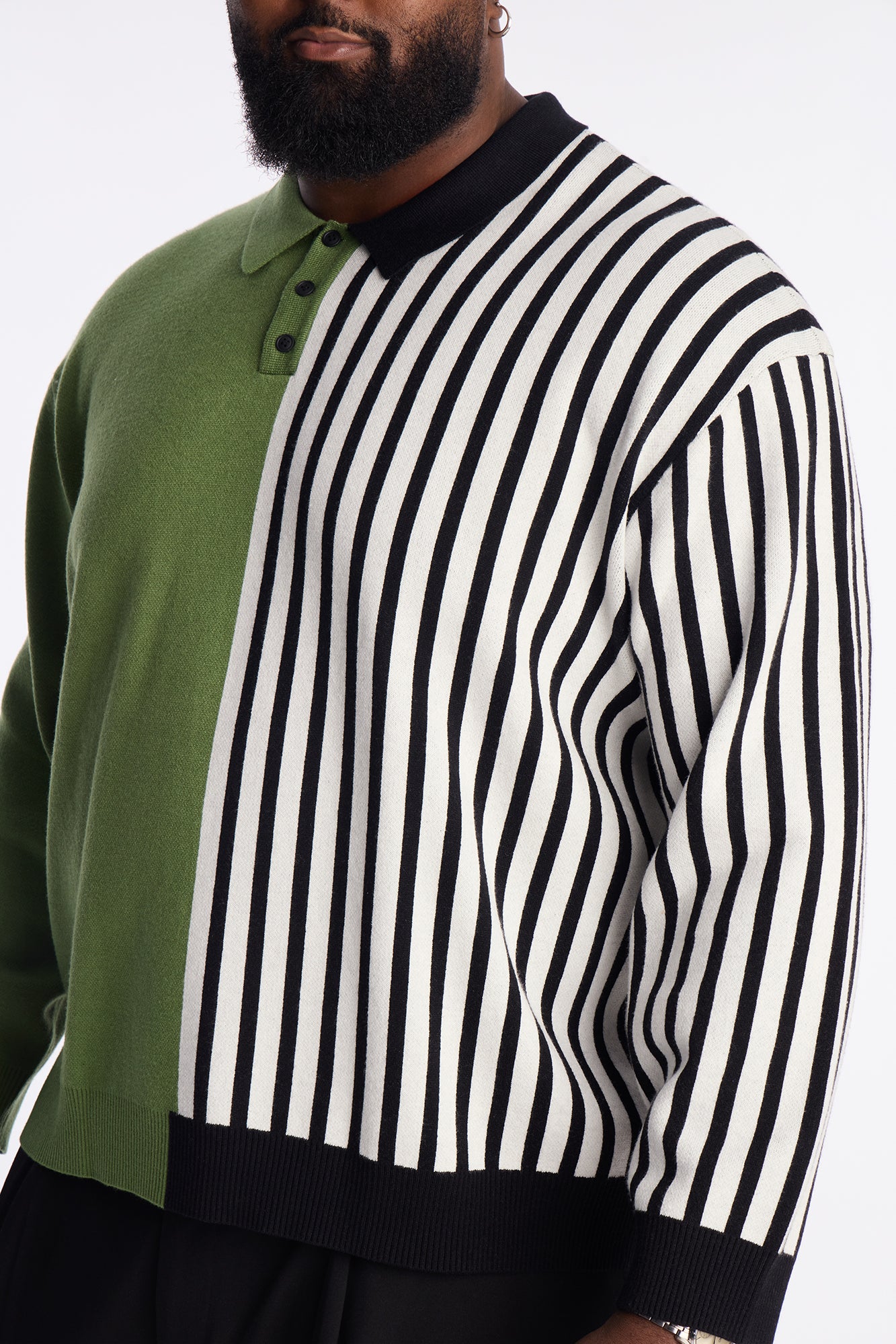 Half Striped Sweater Polo - Green