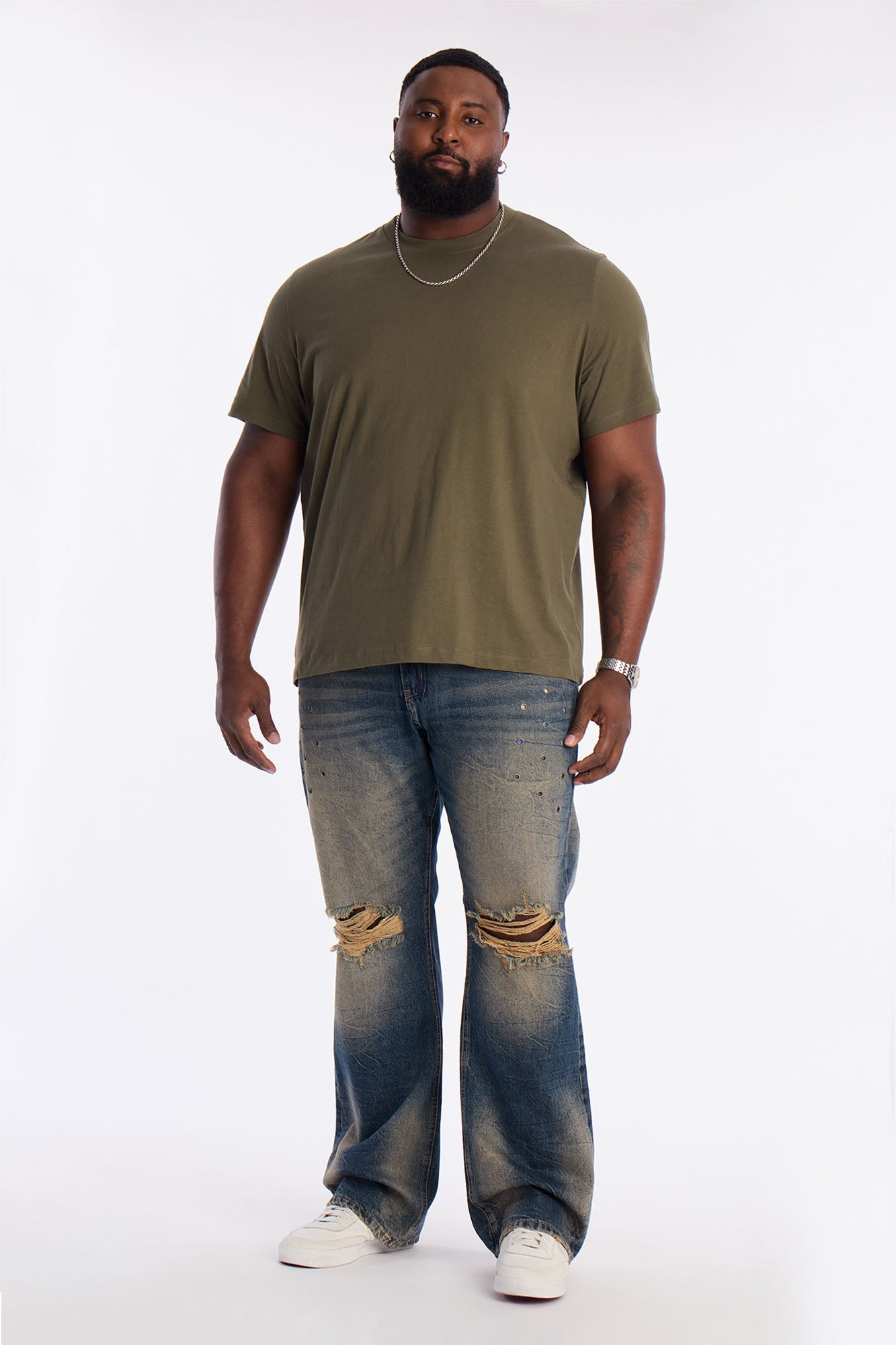Stacked Slim Flare Looking Out Distressed Grommet Jean - Dark Wash