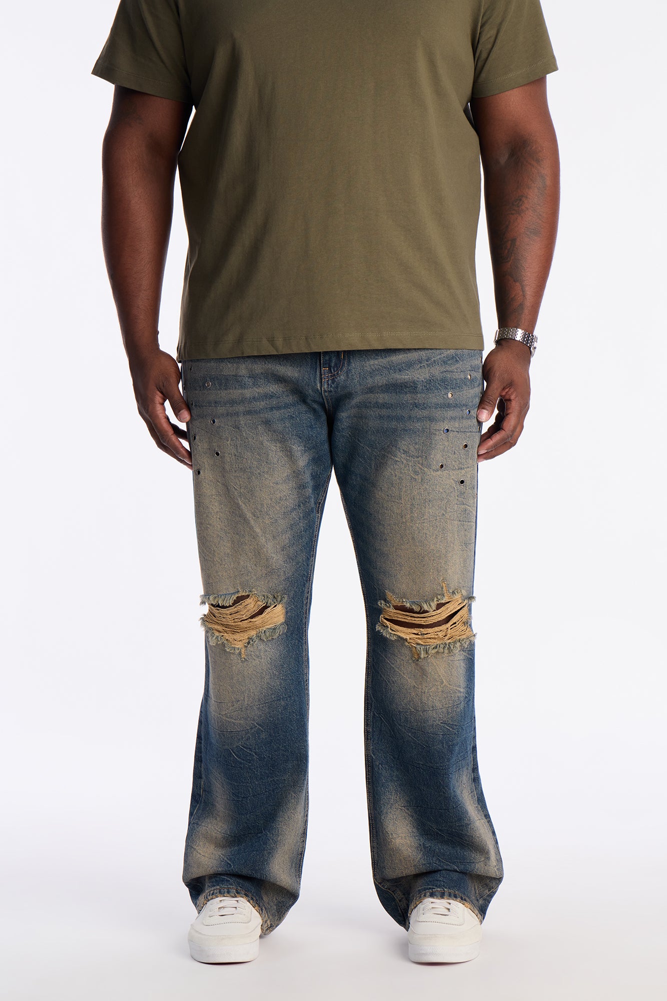 Stacked Slim Flare Looking Out Distressed Grommet Jean - Dark Wash