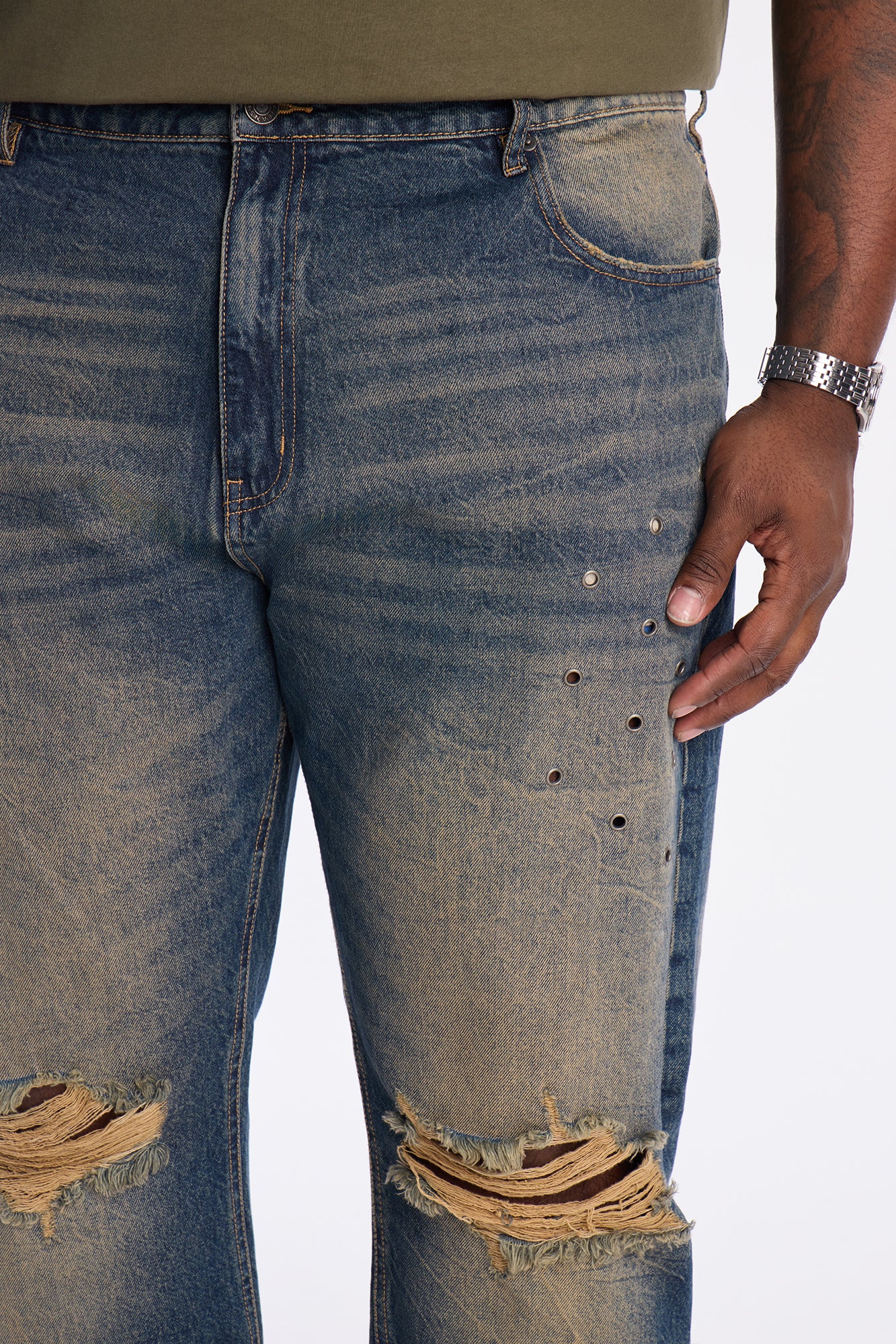 Stacked Slim Flare Looking Out Distressed Grommet Jean - Dark Wash