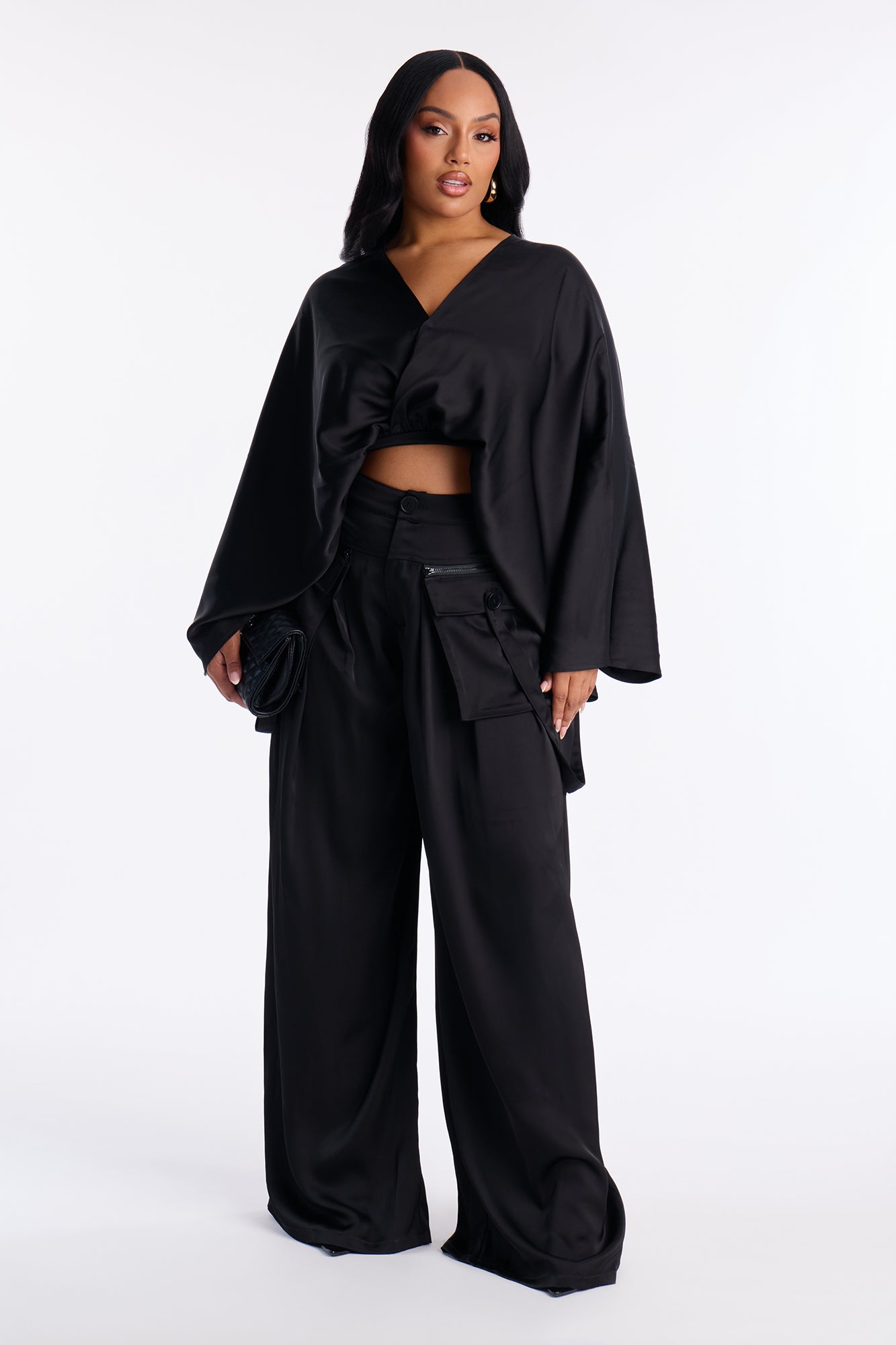 Farrah Satin Cargo Pant Set - Black