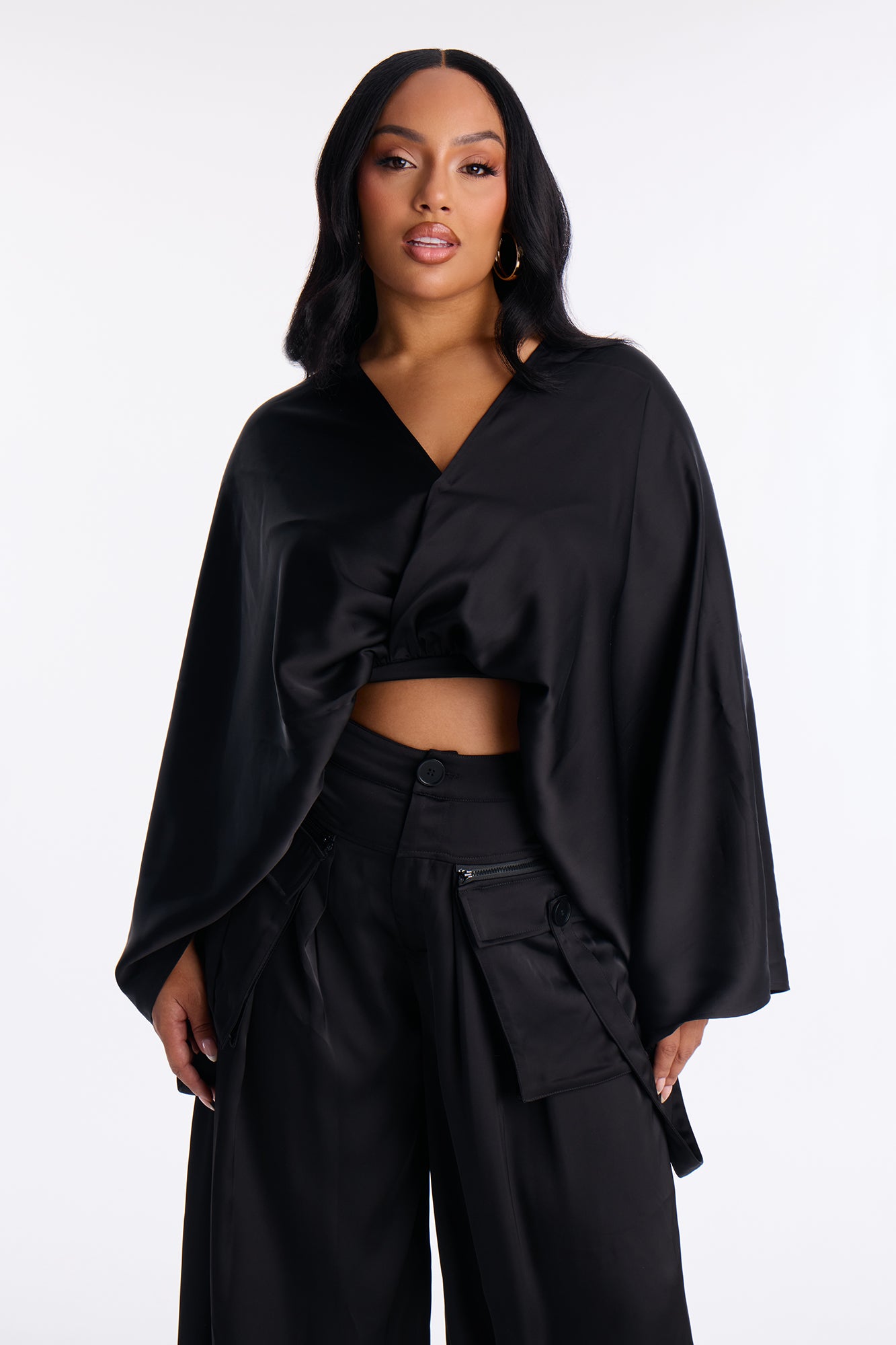 Farrah Satin Cargo Pant Set - Black