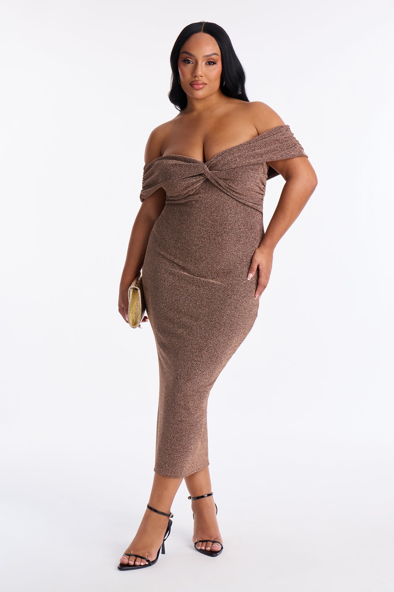 Oriana Off Shoulder Metallic Midi Dress - Gold