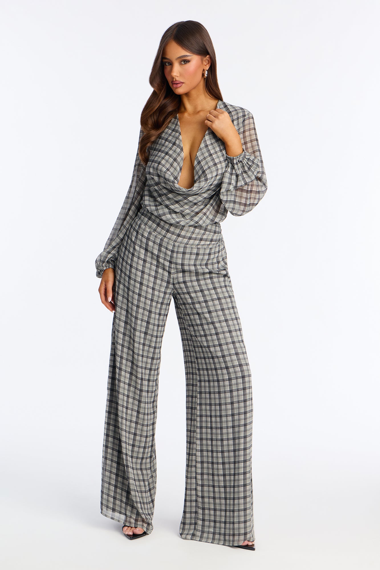 Karina Chiffon Plaid Wide Leg Jumpsuit - Grey