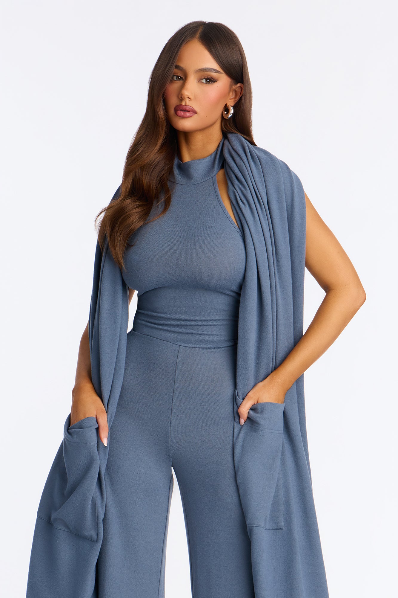 Breanna 2 Piece Wide Leg Jumpsuit And Wrap Set - Charcoal