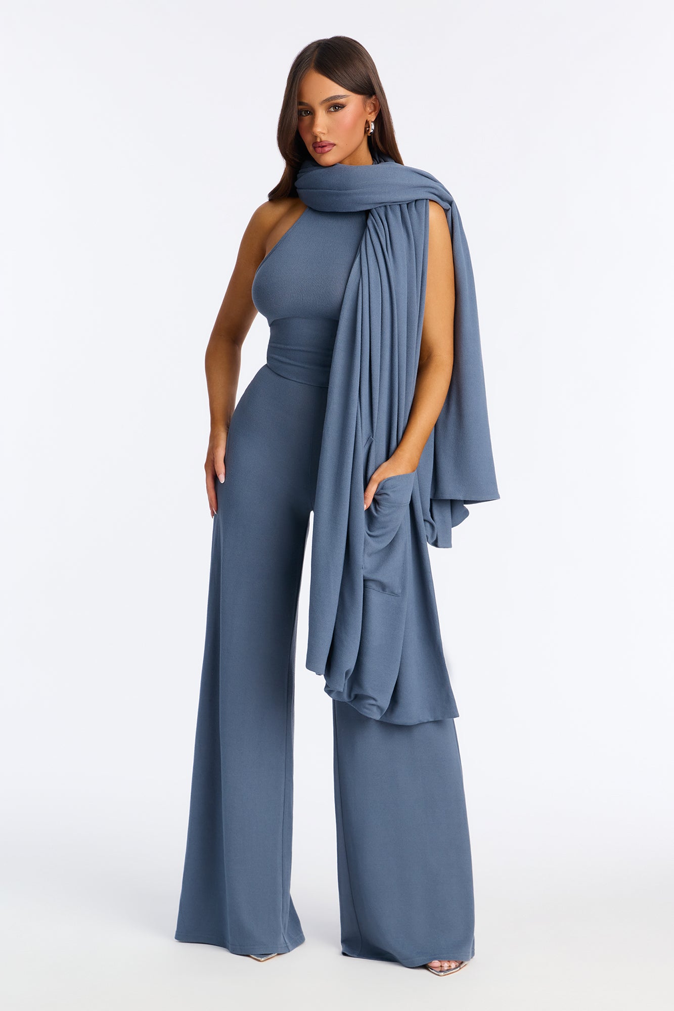 Breanna 2 Piece Wide Leg Jumpsuit And Wrap Set - Charcoal
