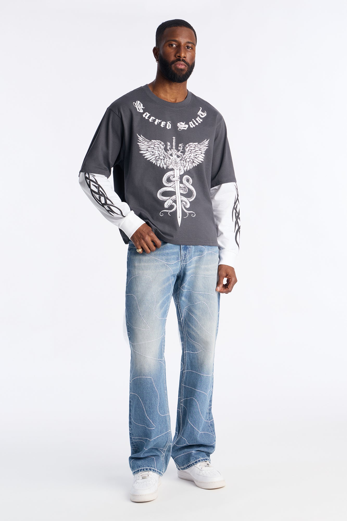 Stacked Slim Flare Powerline Stitched Jean - Medium Blue Wash