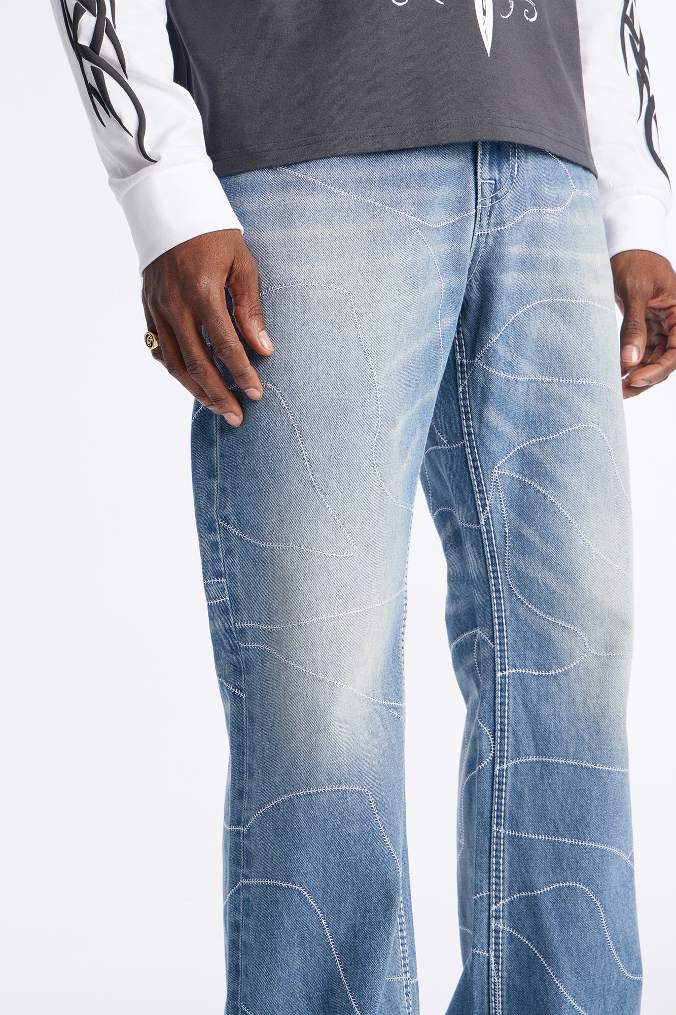 Stacked Slim Flare Powerline Stitched Jean - Medium Blue Wash