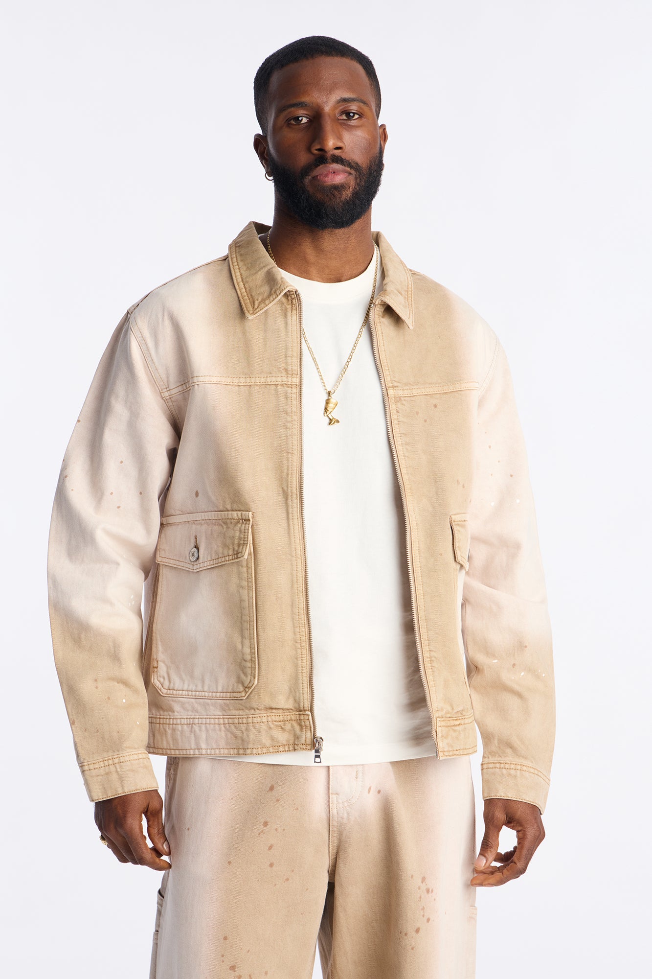 Spot Stained Cropped Denim Work Jacket - Tan