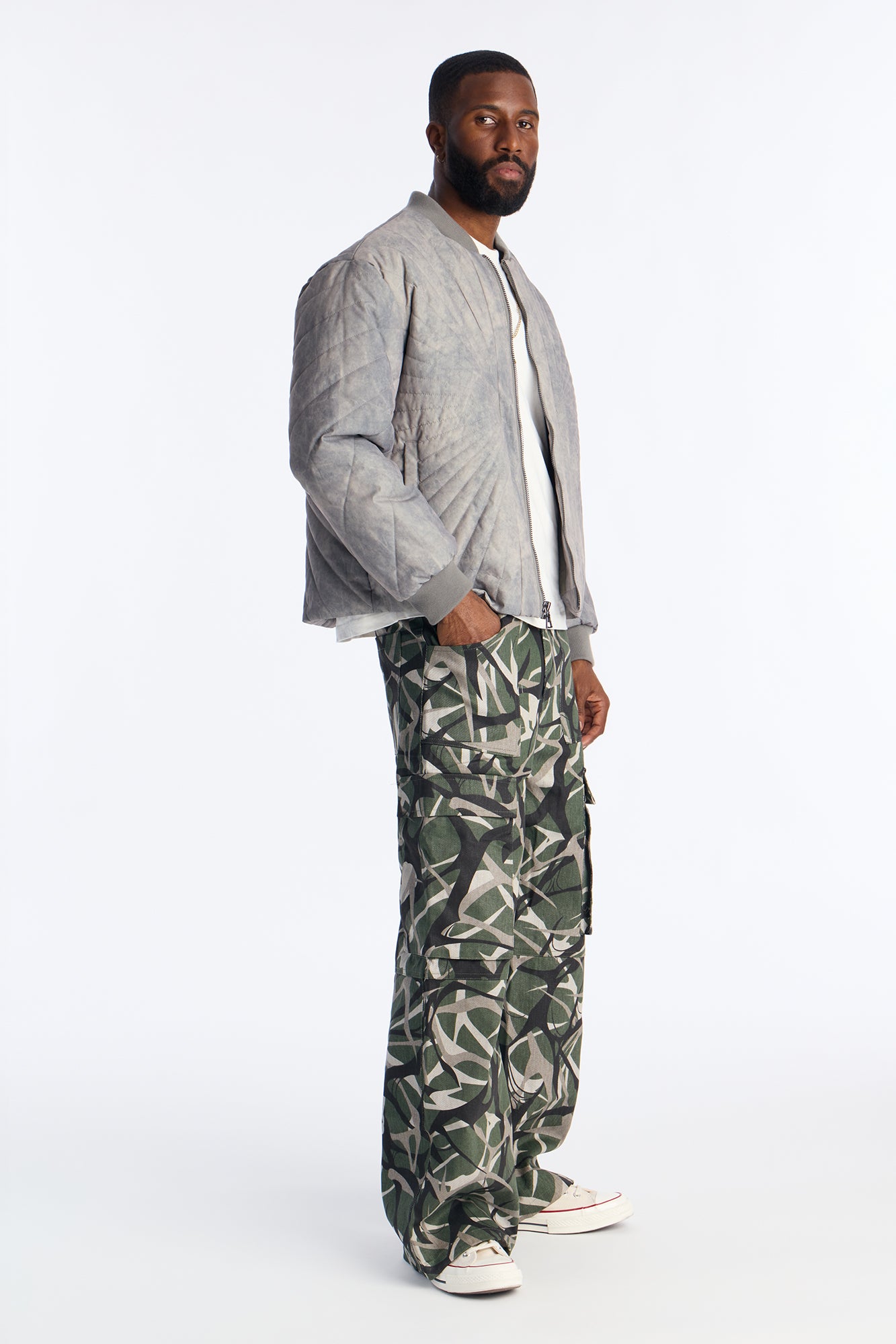 Dirty Washed Stitched Paneled Bomber Jacket - Grey