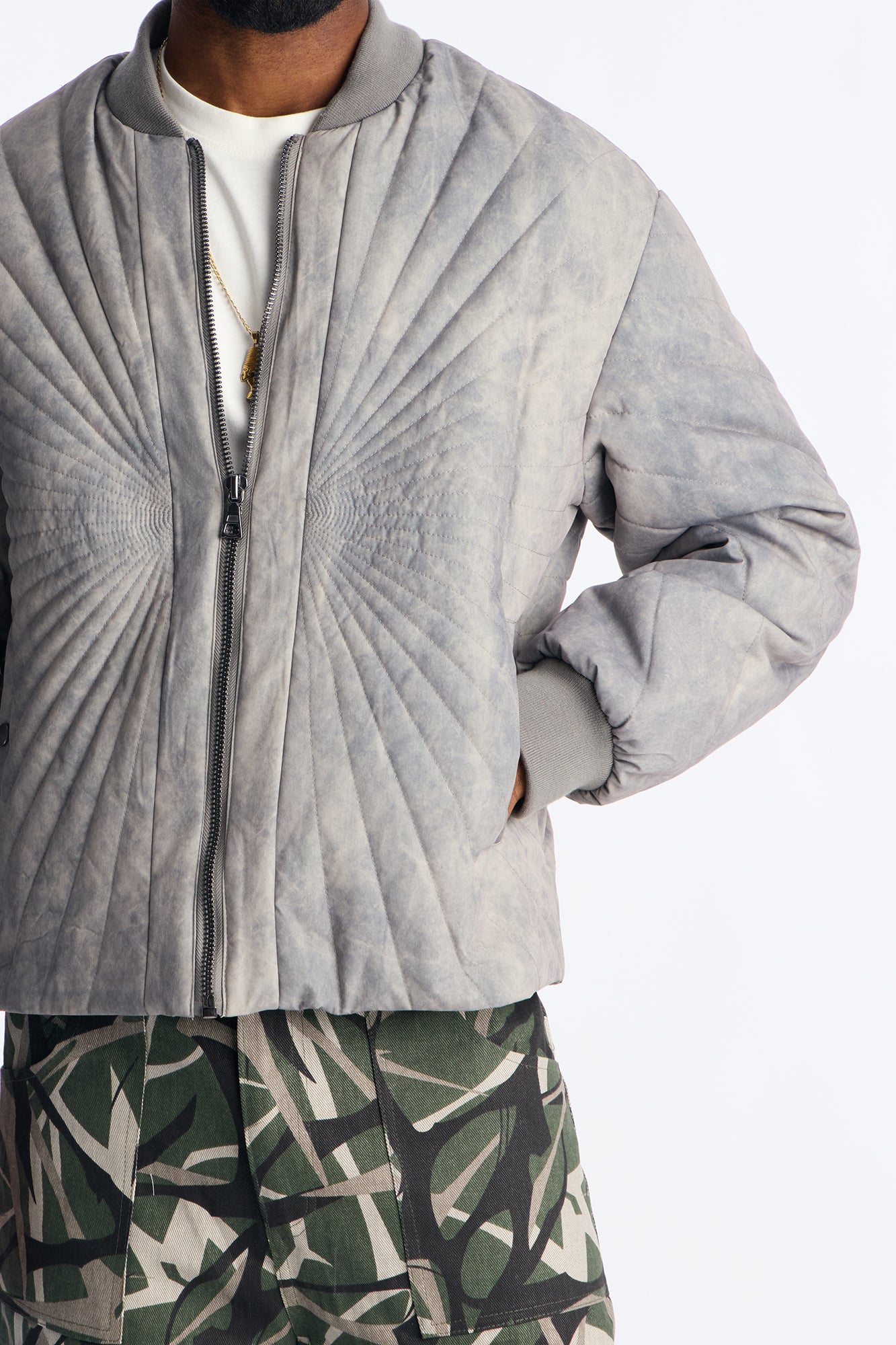 Dirty Washed Stitched Paneled Bomber Jacket - Grey