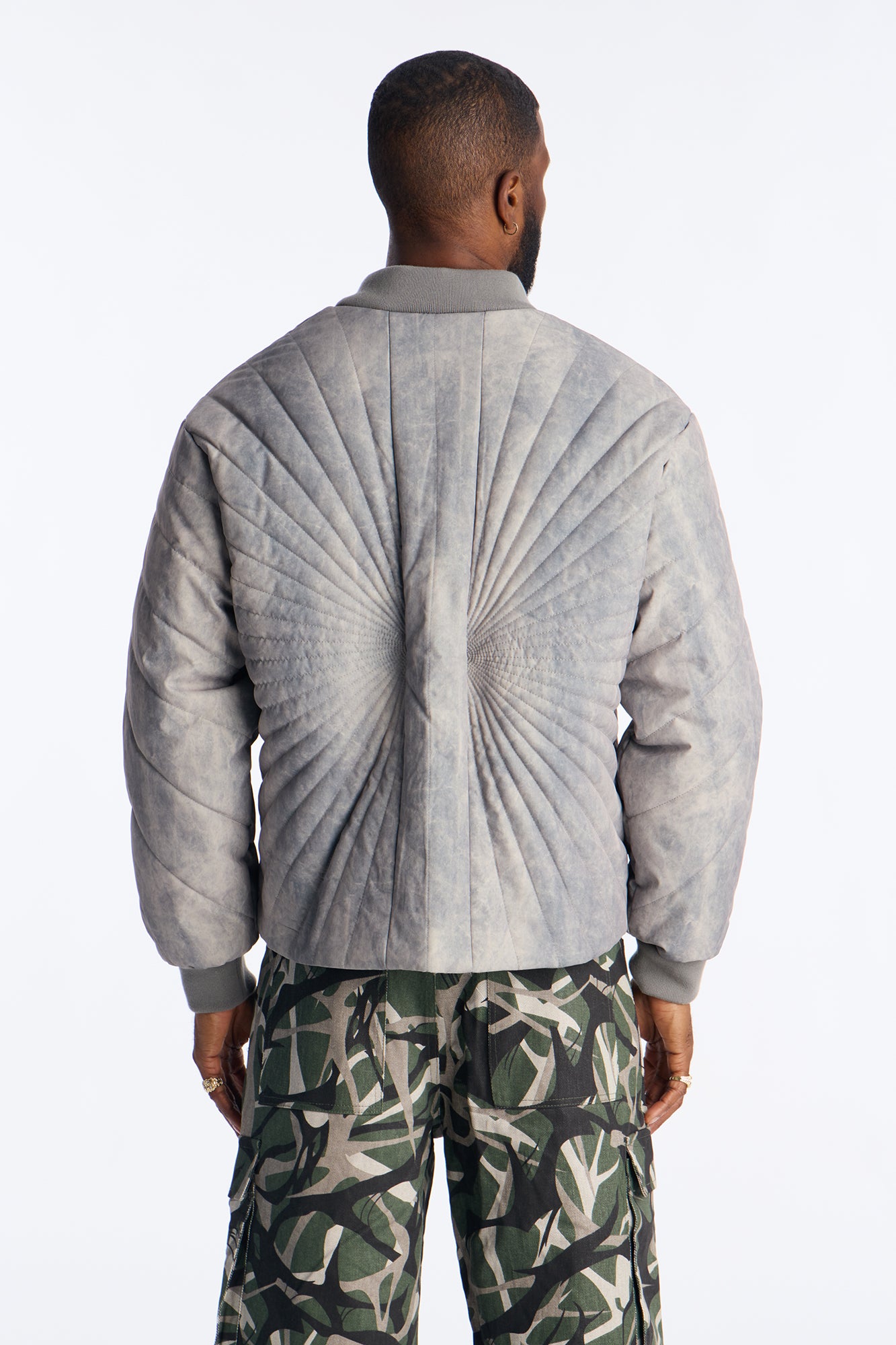 Dirty Washed Stitched Paneled Bomber Jacket - Grey