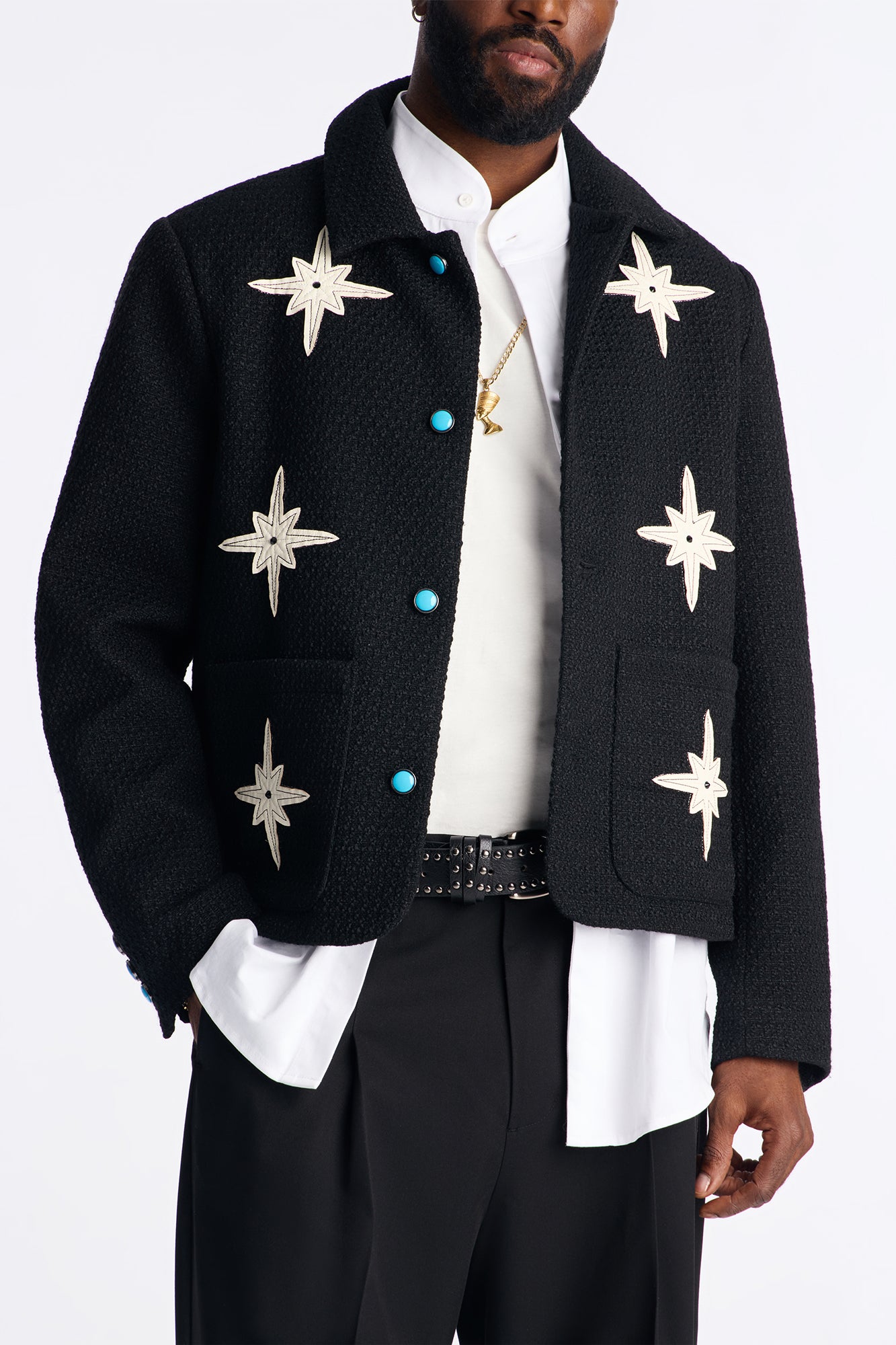 Cropped Tweed Bright Etoile Button Up Jacket - Black