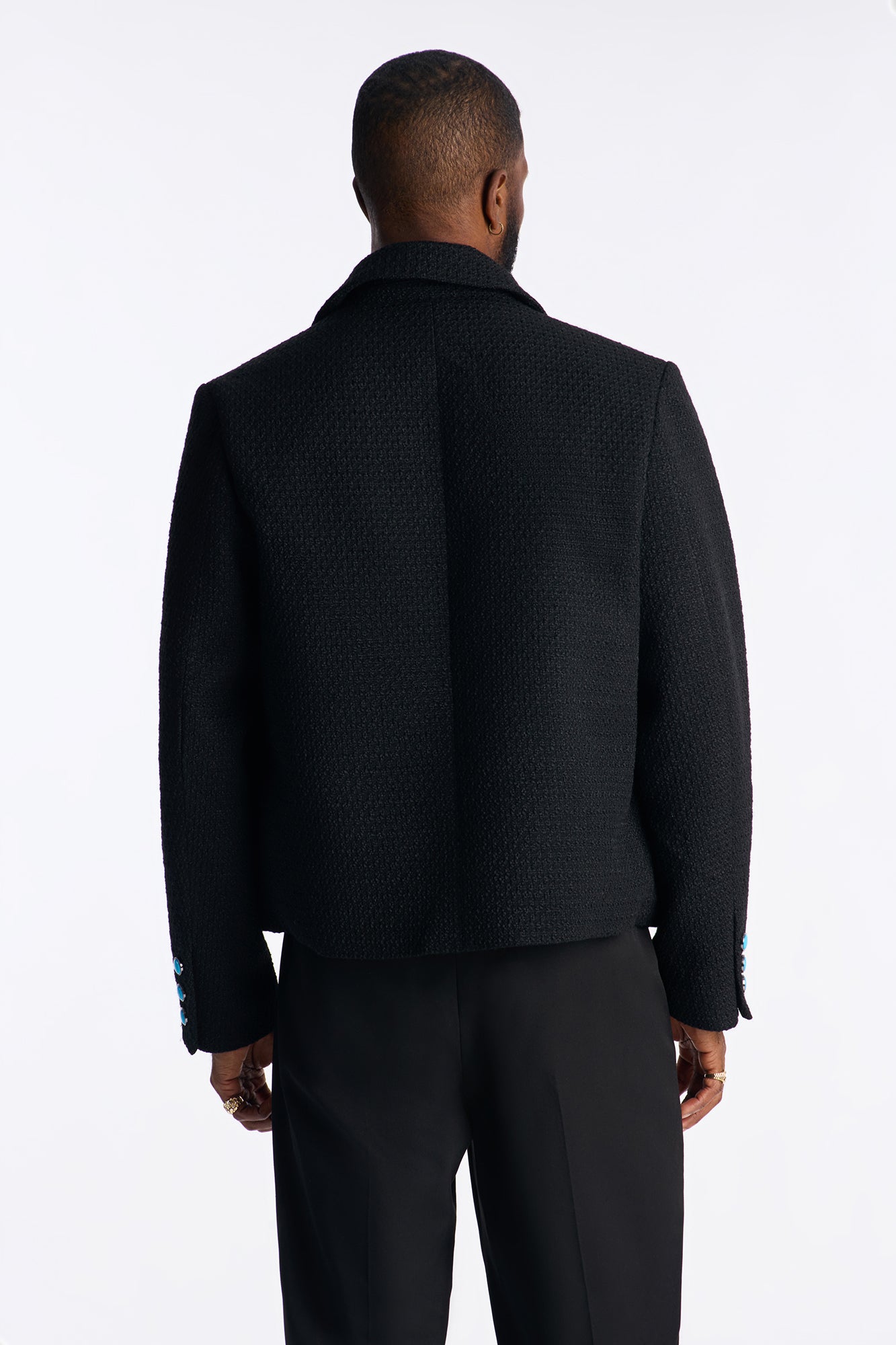 Cropped Tweed Bright Etoile Button Up Jacket - Black