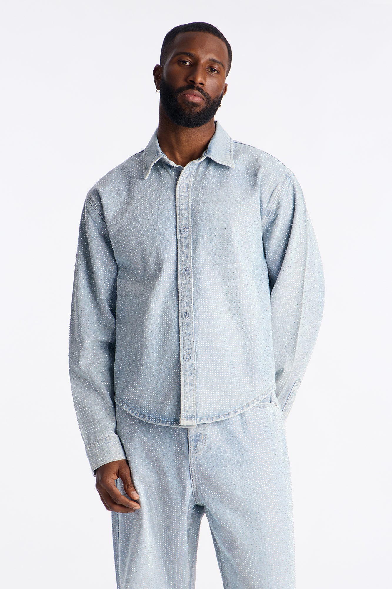 Jeweled Diamond Drift Denim Button Up Shirt - Light Blue Wash