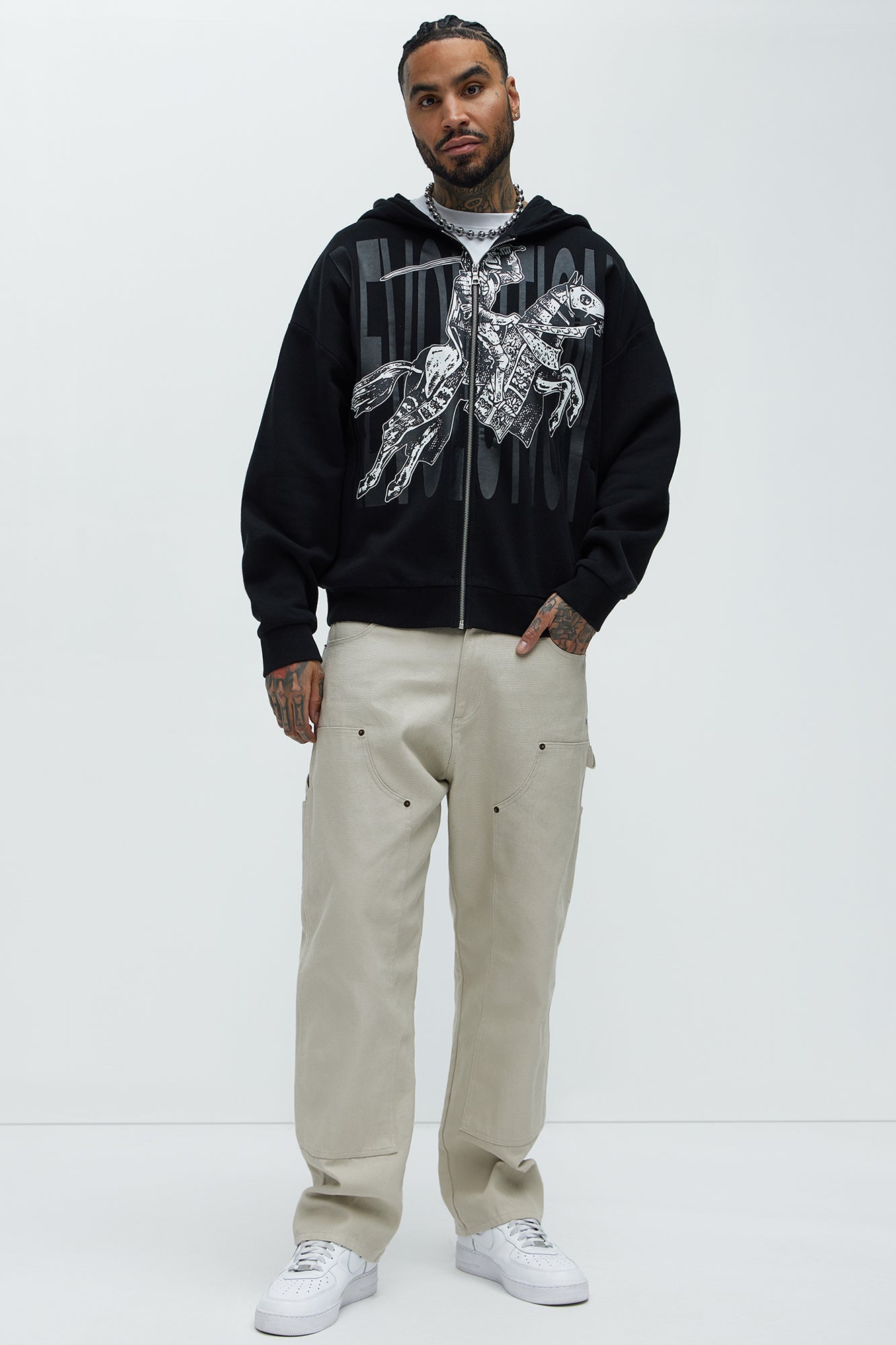 Tayson Crusader Printed Oversized Zip Hoodie - Black