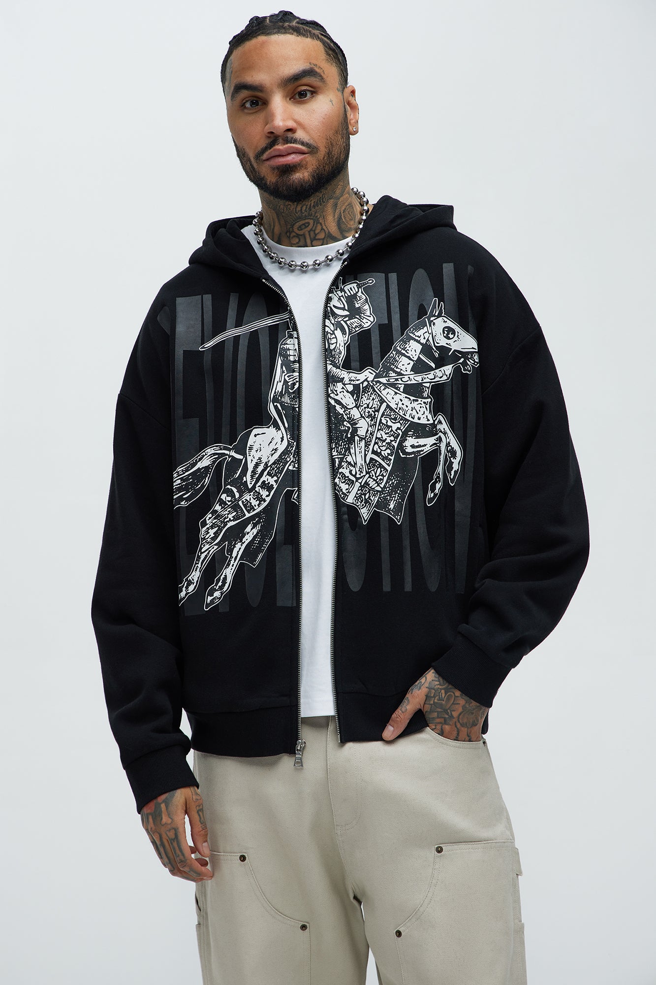 Tayson Crusader Printed Oversized Zip Hoodie - Black