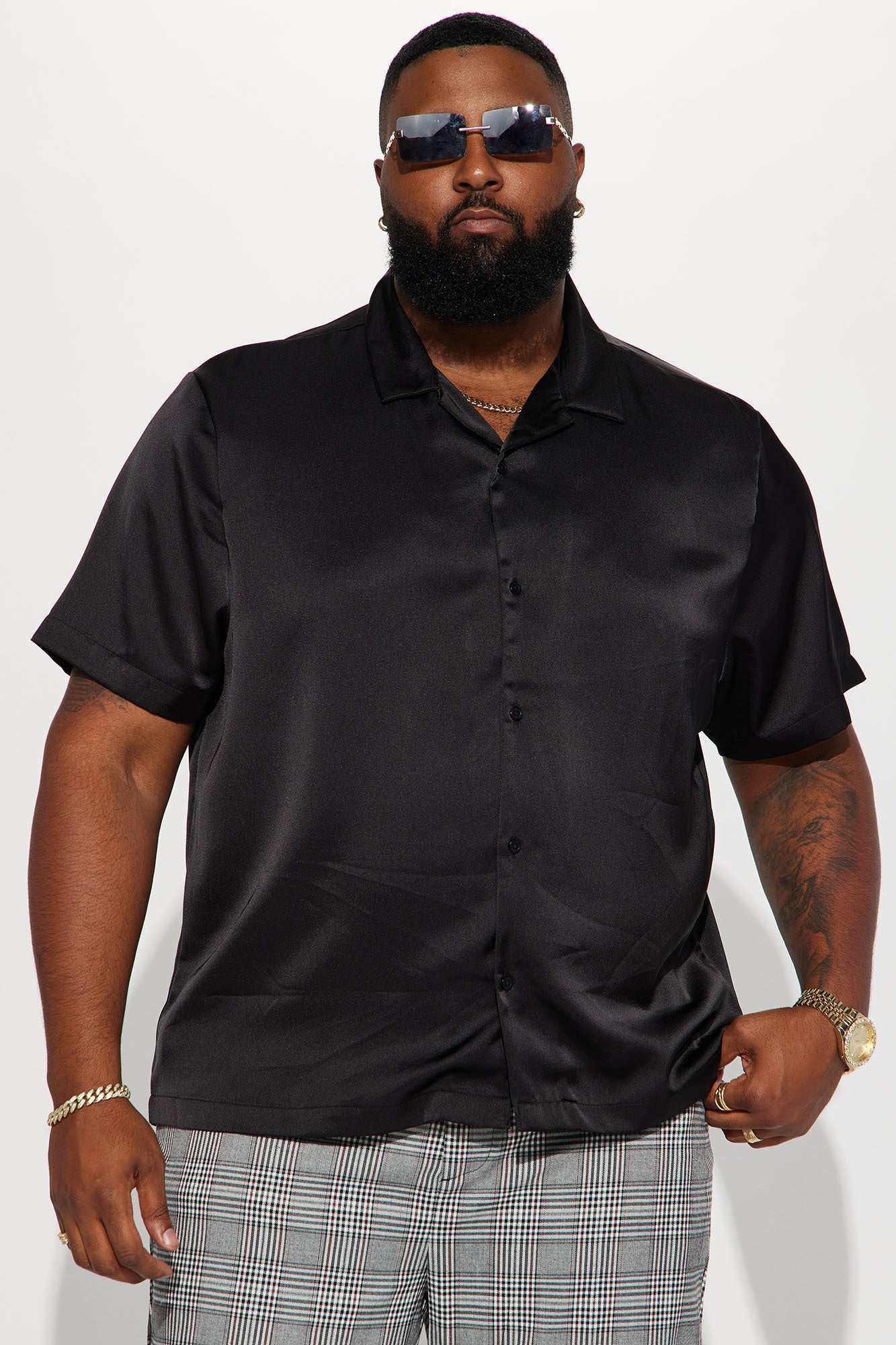 Links Satin Short Sleeve Button Up Shirt - Black