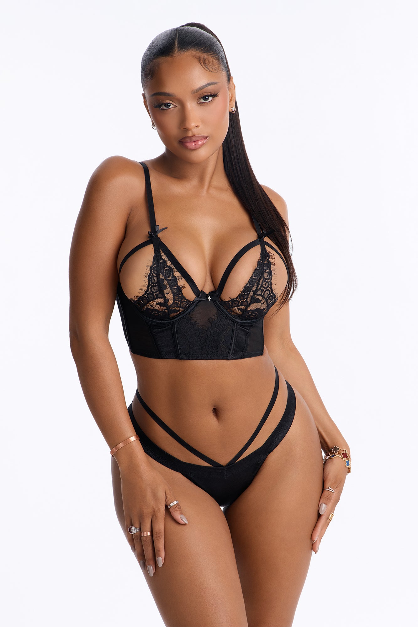 All For You Satin Longline Open Cup Underwire Strappy Panty 2 Piece Set - Black
