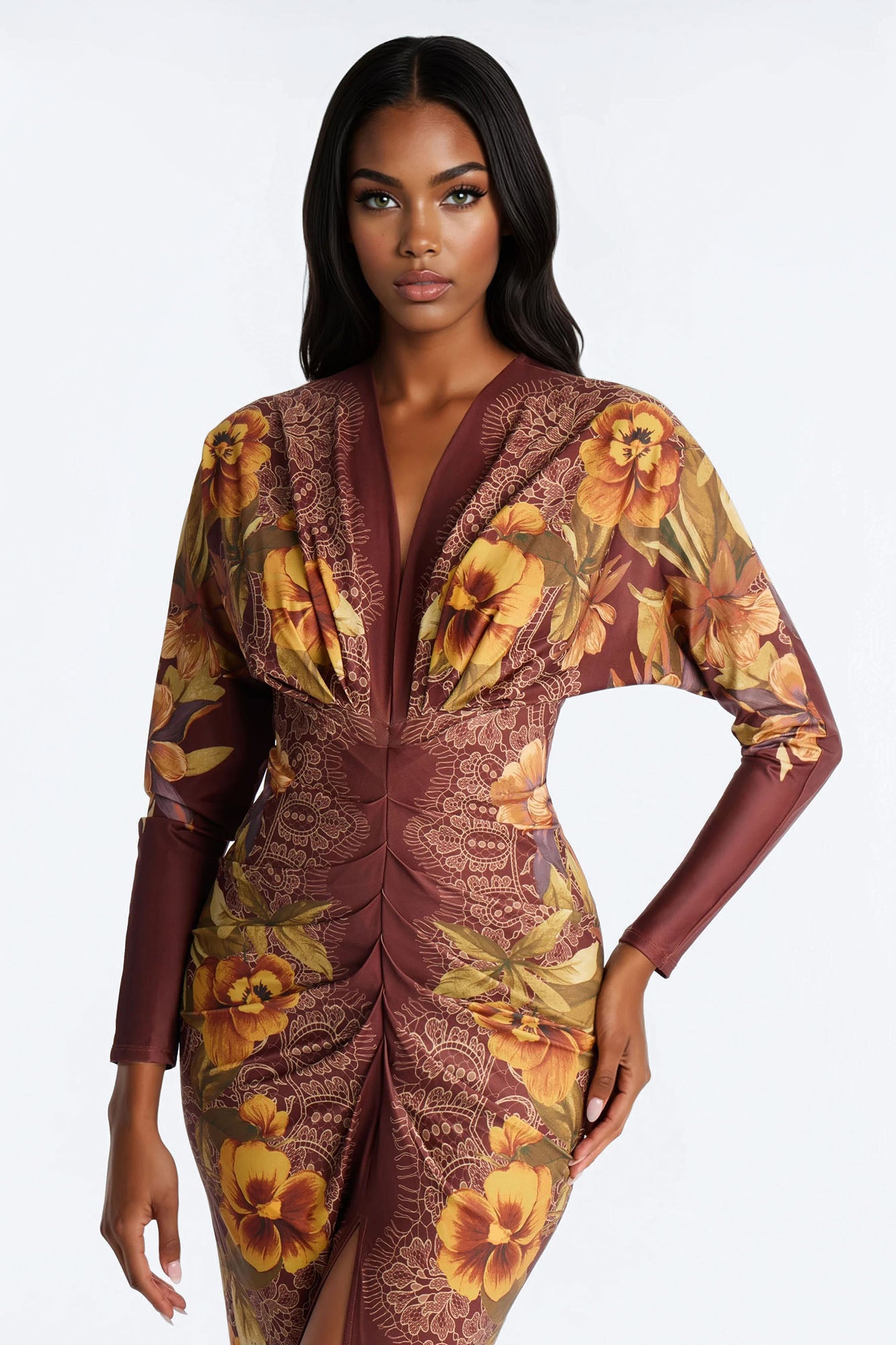 European Dreaming Long Sleeve Midi Dress - Brown/combo