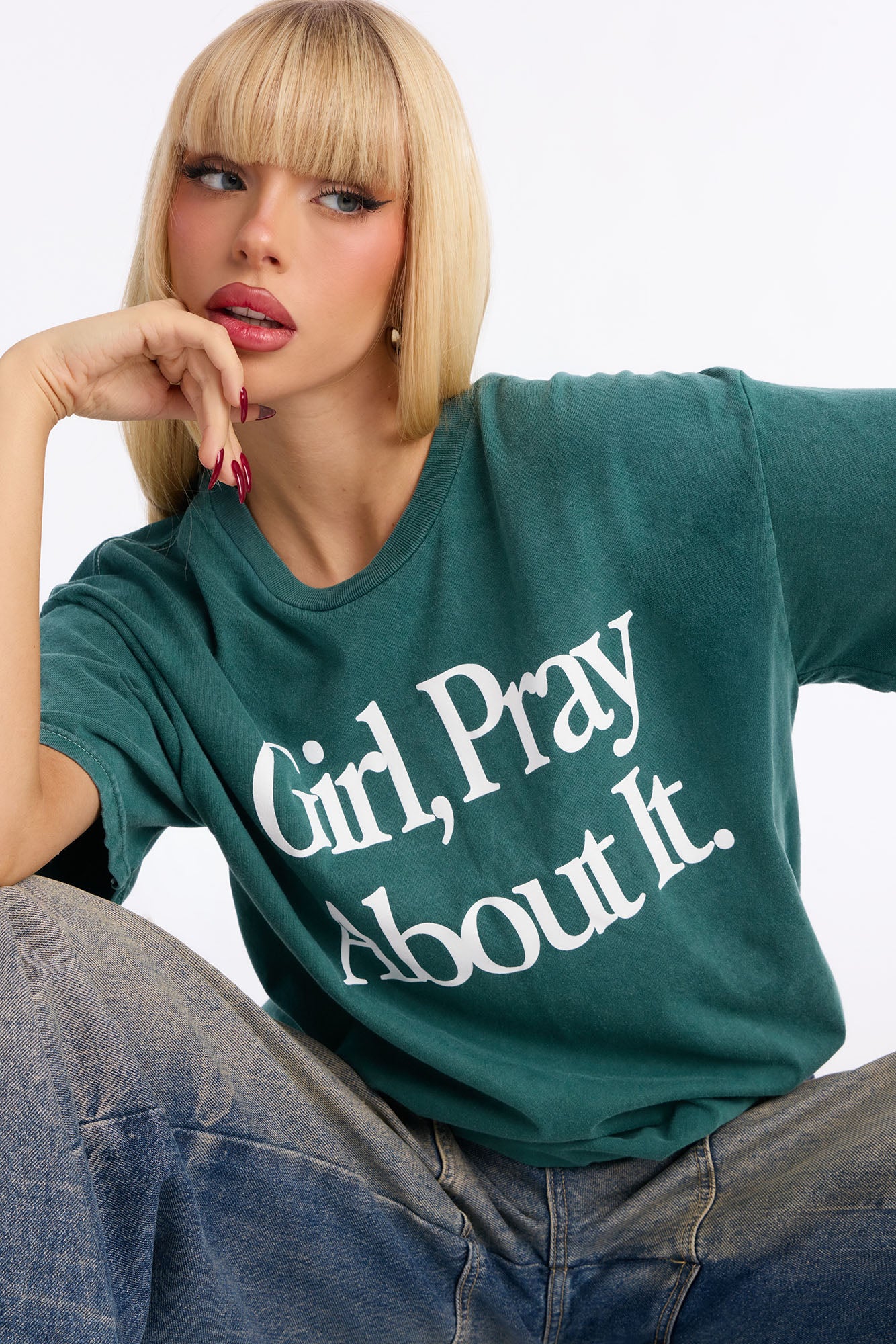 Girl Pray About It Washed Tshirt - Hunter