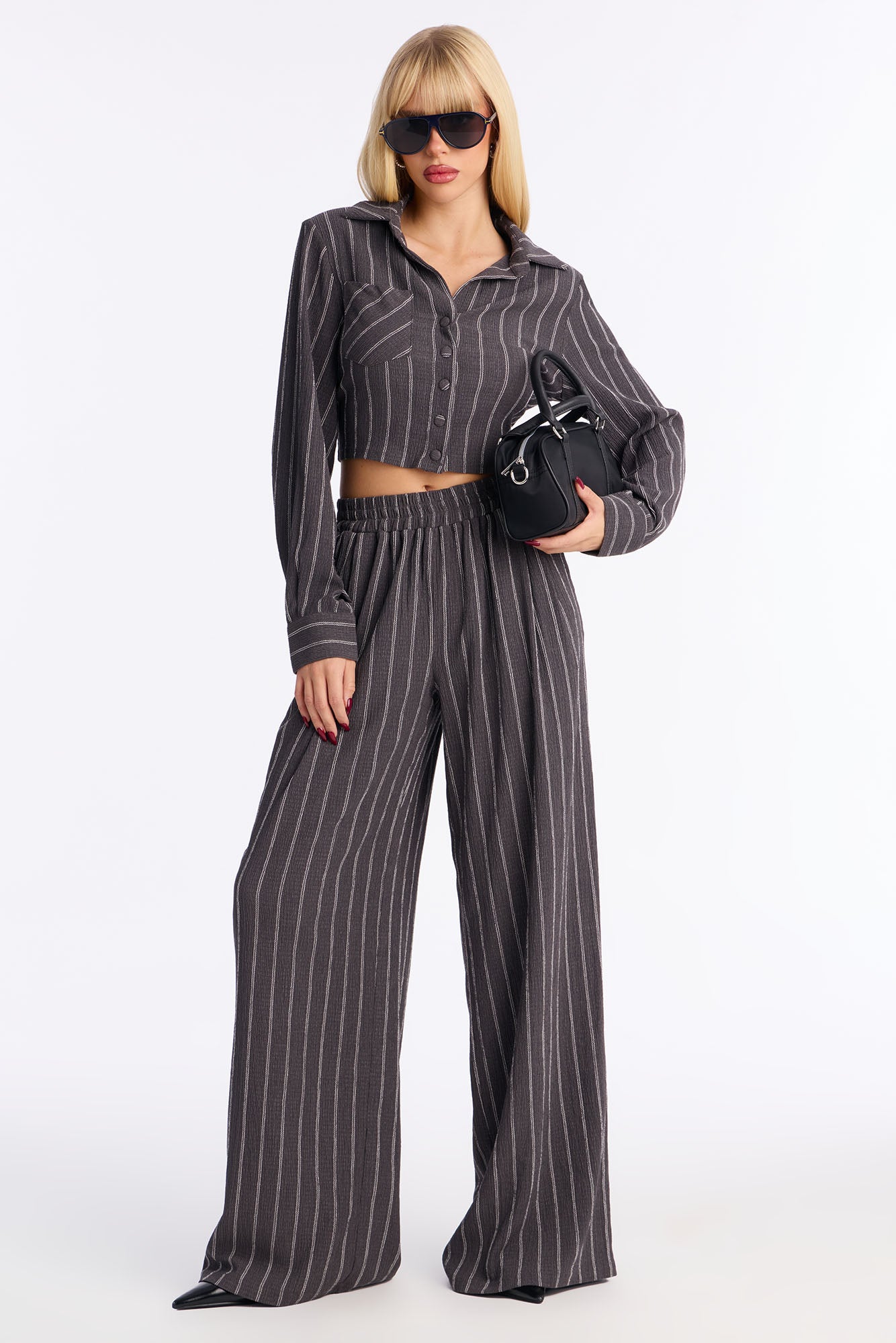 Set The Tone Textured Pinstripe Pant Set - Charcoal